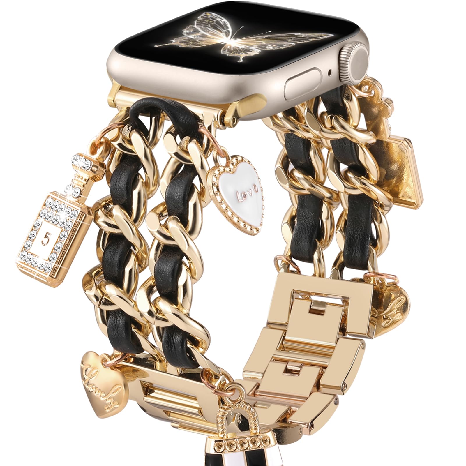 Elegant Stainless Steel Band for Apple Watch - Compatible with 38mm 40mm 41mm 42mm 44mm 45mm 46mm Models - Fashionable Chain Strap with Charms for Women - Perfect for iWatch Series 10/9/8/7/6/5/4/3/2/1/SE - Ideal for Workouts, Office Wear & Special Occasions