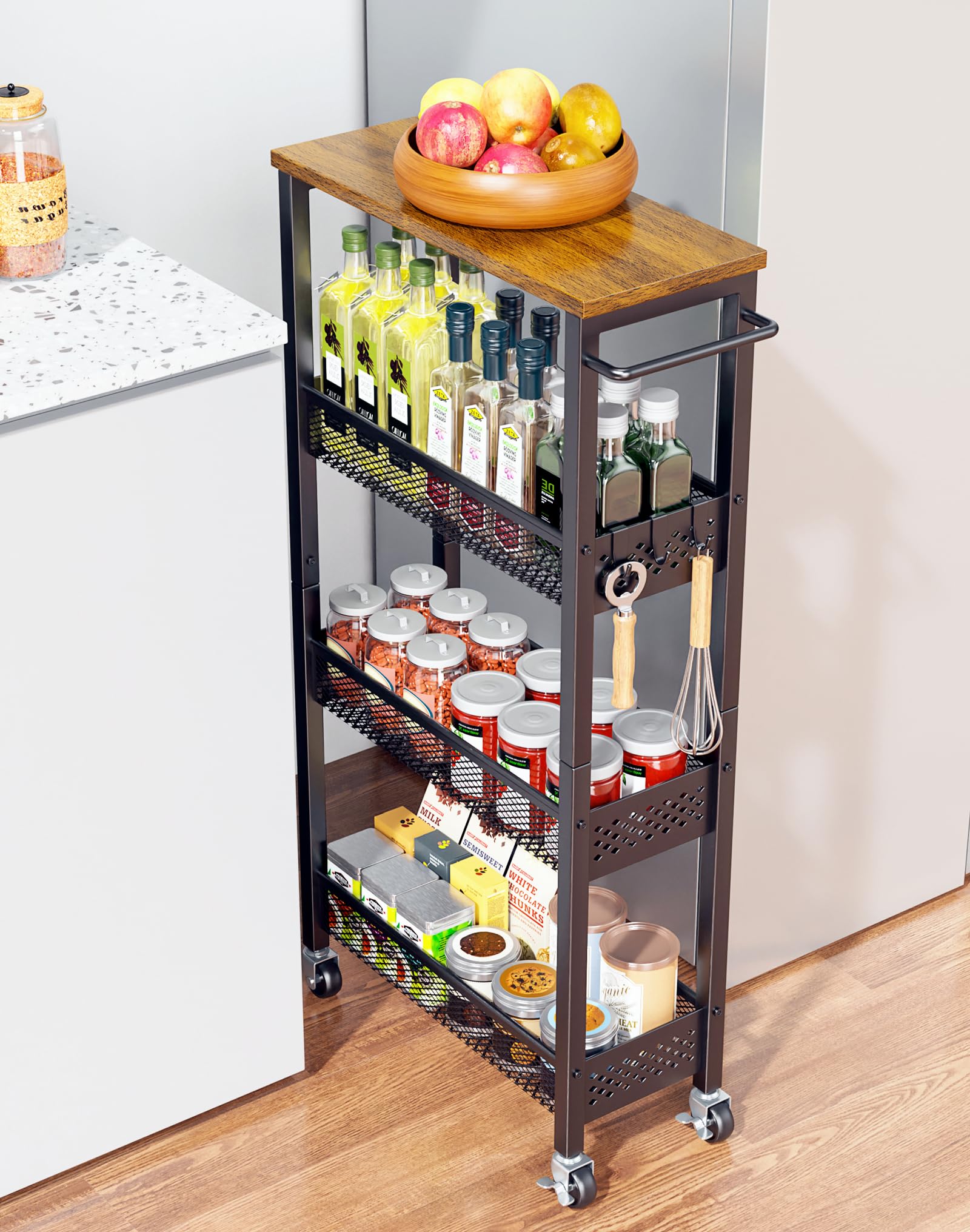 4-Tier Slim Rolling Storage Cart with Wood Top - Narrow Space Utility Organizer for Kitchen, Bathroom & Laundry Room - Mobile Shelf Unit with Handle for Easy Transport - Perfect for Small Spaces & Closet Organization