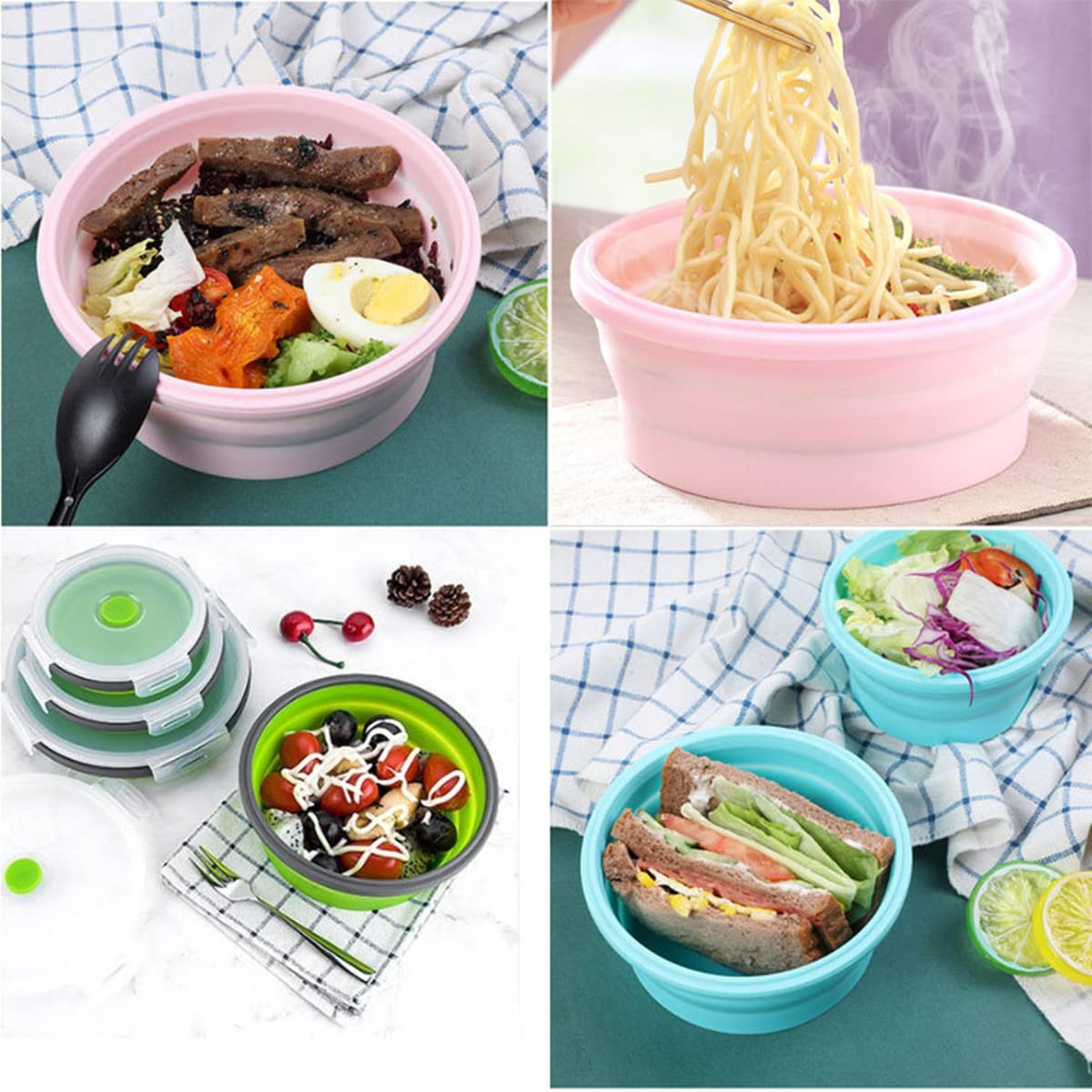 4-Pack Collapsible Silicone Food Storage Bowls with Lids - Space Saving Camping & RV Kitchen Essentials for Travel Trailers, Compact Storage Solution for Outdoor Adventures, Picnics & Home Organization (Blue)