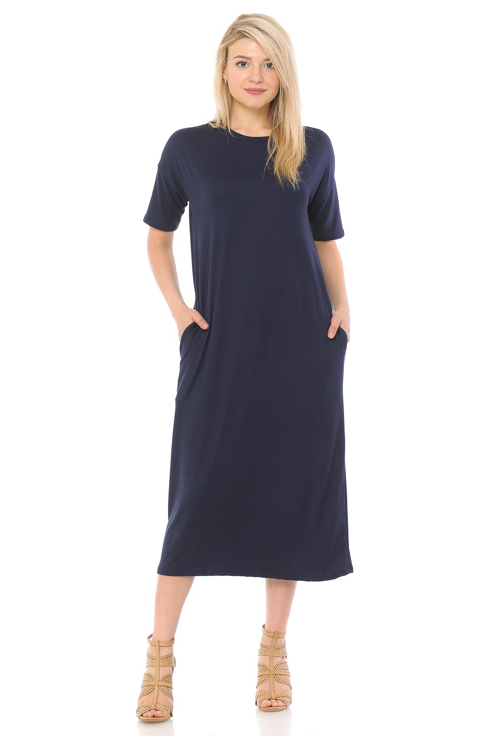 Iconic Luxe Women's Midi Dress with Half-Sleeves and Pockets - Elegant Flowy Dress for Work, Party & Special Occasions