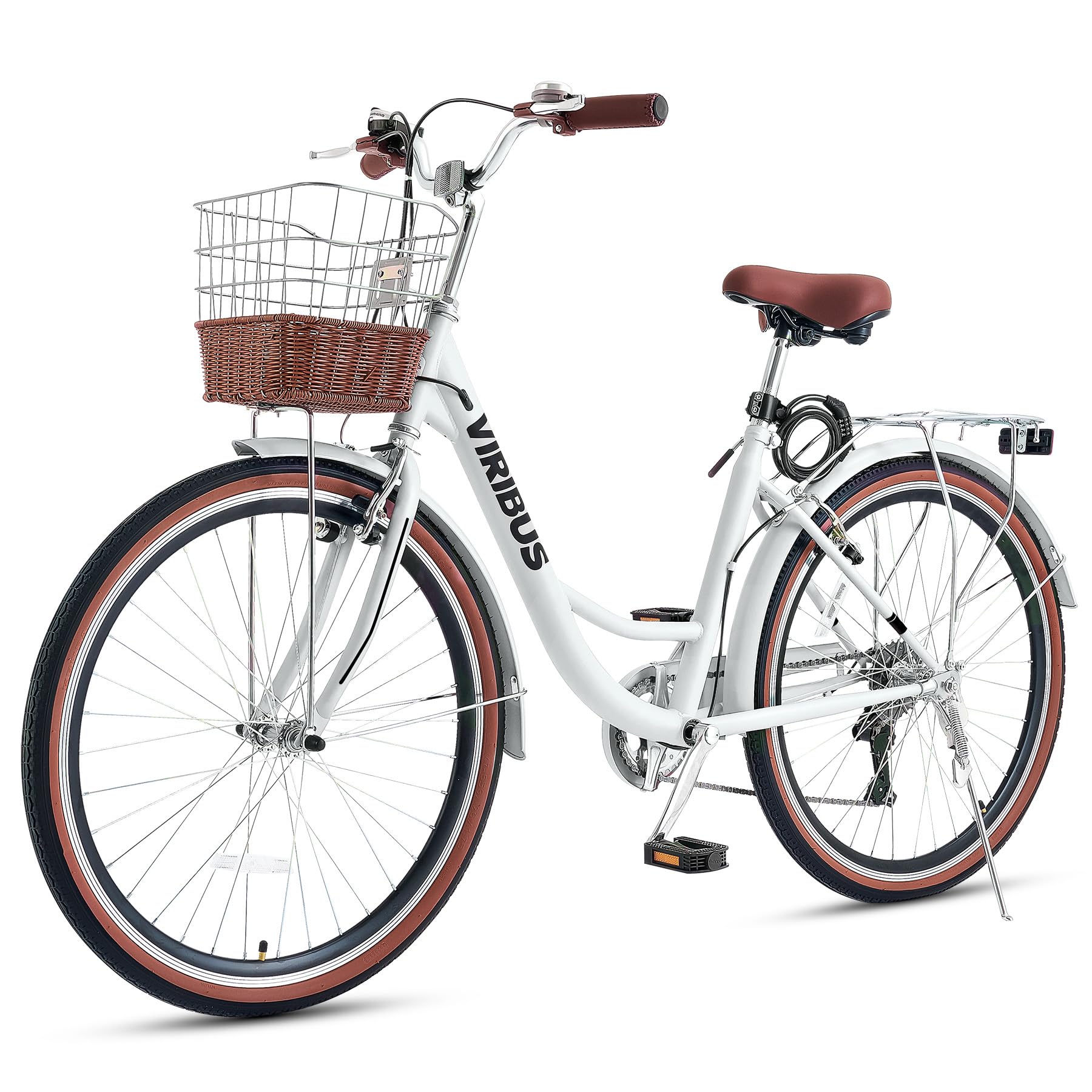 Viribus Women's 7-Speed Cruiser Bike - 24 & 26 Inch Step-Through City Bicycle with Rattan Basket & Rear Rack - Perfect for Commuting, Beach Rides & Urban Cycling