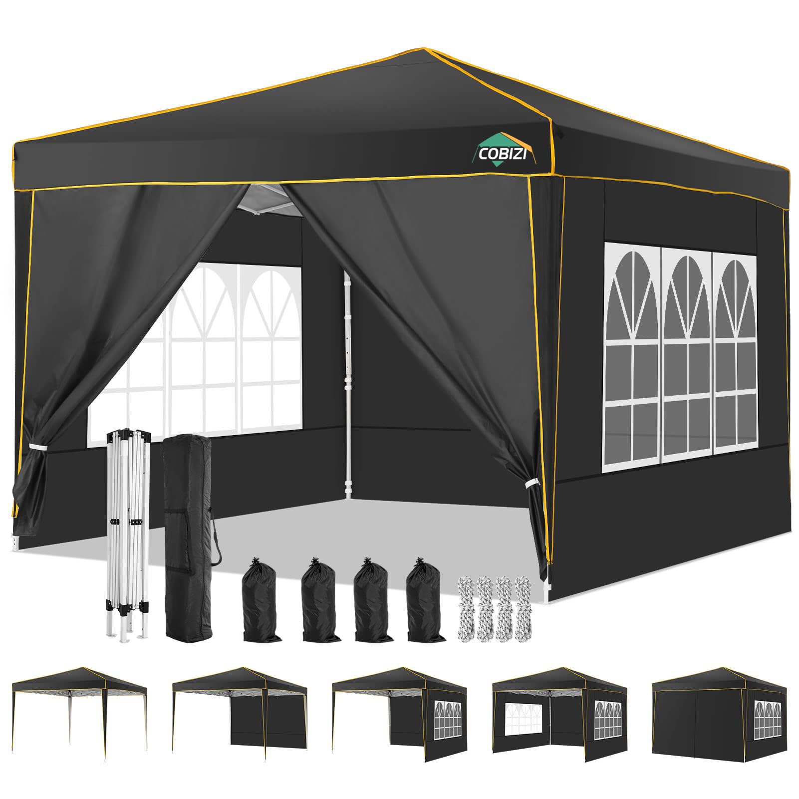 COBIZI 10x10 Pop Up Canopy Tent - Portable Instant Shelter with 4 Sidewalls, Carry Bag, Stakes & Ropes - Perfect for Beach Camping, Backyard Parties, Outdoor Events, Farmers Markets & Sun Protection (Black)