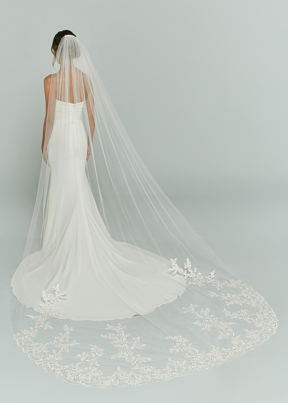 V1020 Cathedral Veil With Lace Appliques - Elegant Bridal Wedding Veil for Church Ceremony & Formal Occasions