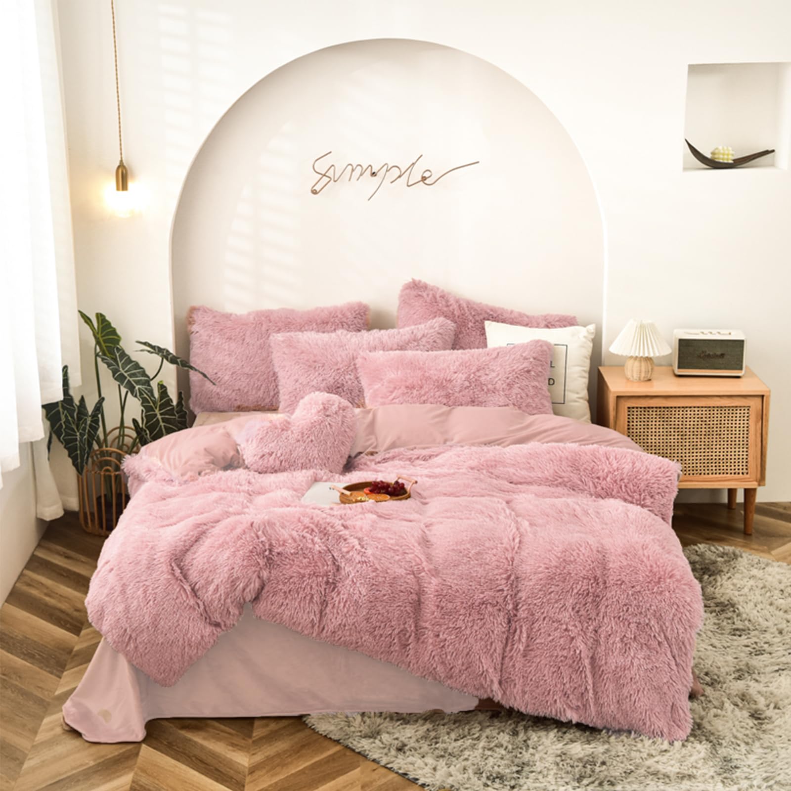 MorroMorn 5-Piece Shaggy Duvet Cover Set - Ultra Soft Fluffy Faux Fur Comforter Cover | Luxury Bedding for King/California King Size (Blush Pink) | Perfect for Cozy Winter Nights & Stylish Bedroom Decor