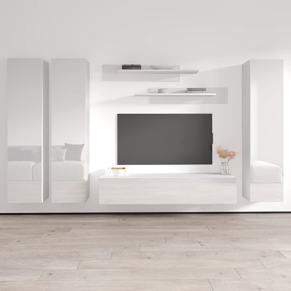 Modern Floating TV Stand with Storage & LED Lights - Wall-Mounted Entertainment Center for Bedroom & Living Room - White Meble Furniture Fly CD1 30