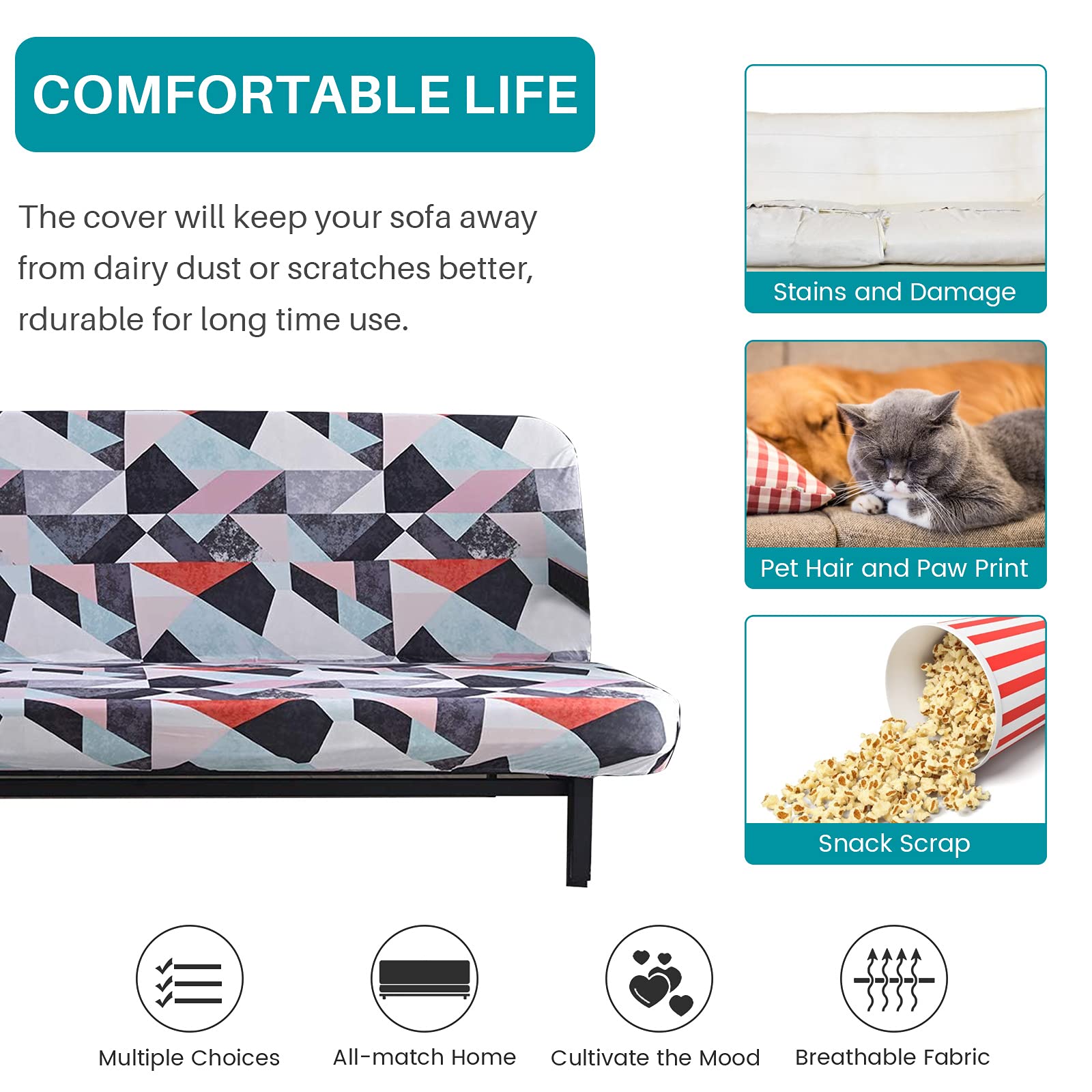 Beacon Pet Stretch Sofa Slipcover - Armless Futon Cover, Printed Fitted Furniture Protector, Elastic Polyester Spandex, Washable Armless Sofa Cover for Folding Couch - Perfect for Pet Owners, Living Room Furniture Protection & Home Decor