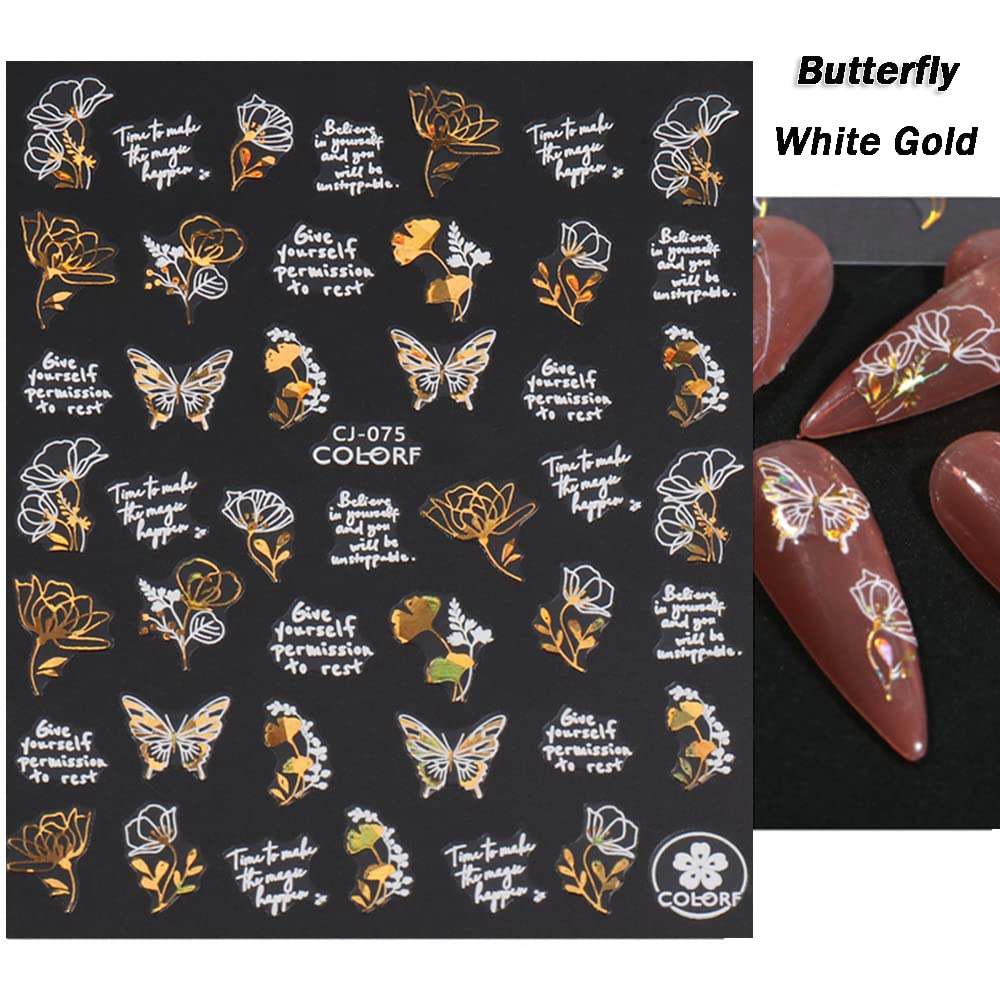 Fall Nail Art Stickers - 9 Sheets Autumn Maple Leaves & Butterfly 3D Nail Decals for Thanksgiving | Gold & White Acrylic Nail Designs | Perfect for Women's Seasonal Nail Art, Holiday Parties & DIY Manicures