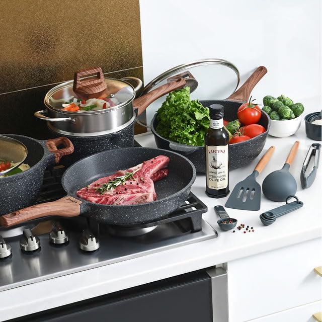 Bakken-Swiss 14-Piece Nonstick Cookware Set - Granite Coating, Eco-Friendly Kitchen Pots & Pans for Gas, Electric & Induction Stoves, Oven Safe to 450°F - Perfect for Frying, Boiling & Baking at Home