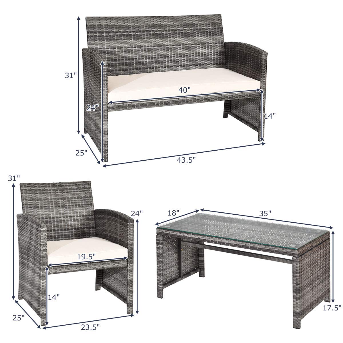 Tangkula 4-Piece Wicker Patio Conversation Set - Outdoor Rattan Sofa Set with Coffee Table & Soft Cushions, All-Weather Garden Furniture for Poolside, Balcony, Backyard & Patio Relaxation