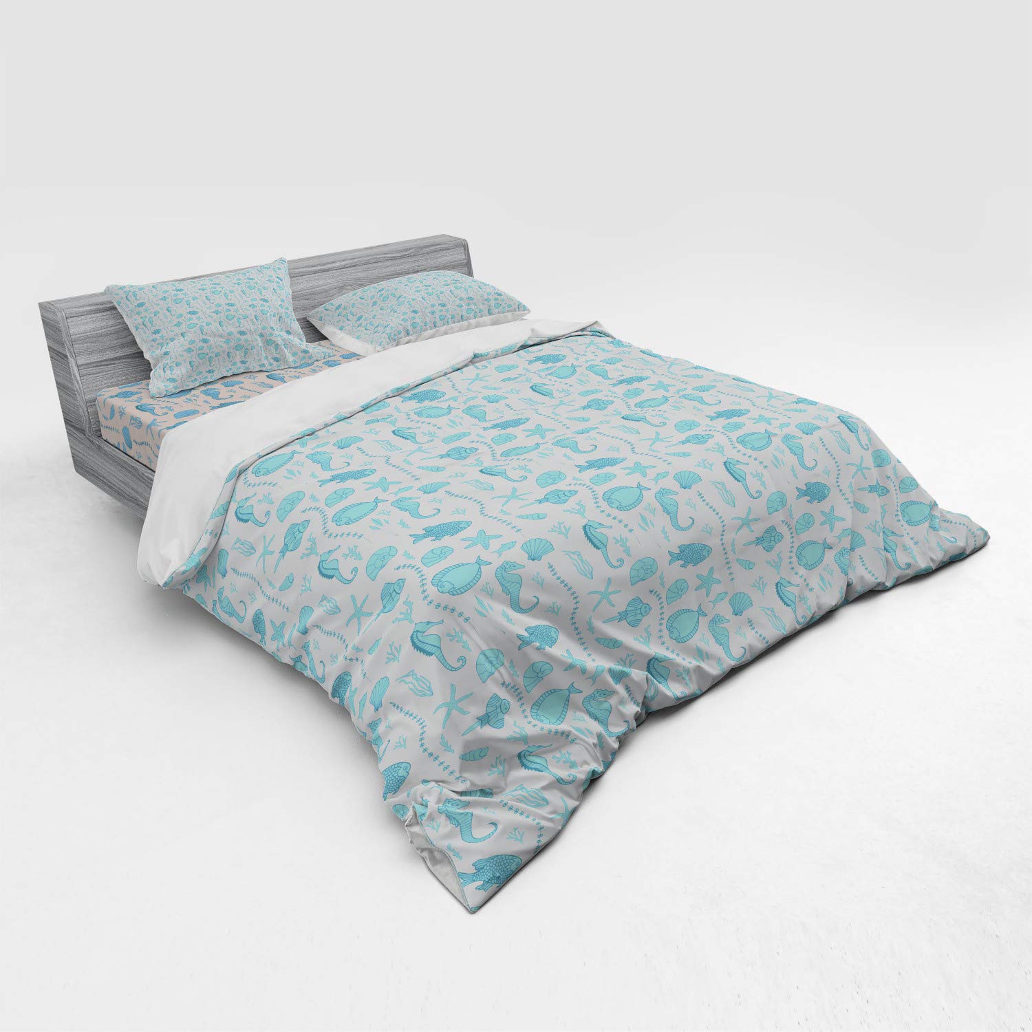 Ambesonne Nautical Duvet Cover Set - King Size 4 Piece Bedding with Shams & Fitted Sheet | Sea Plant Seahorses Fish Shells Coral Monochrome Design in Sky Blue | Perfect for Beach House, Coastal Decor & Ocean Themed Bedrooms