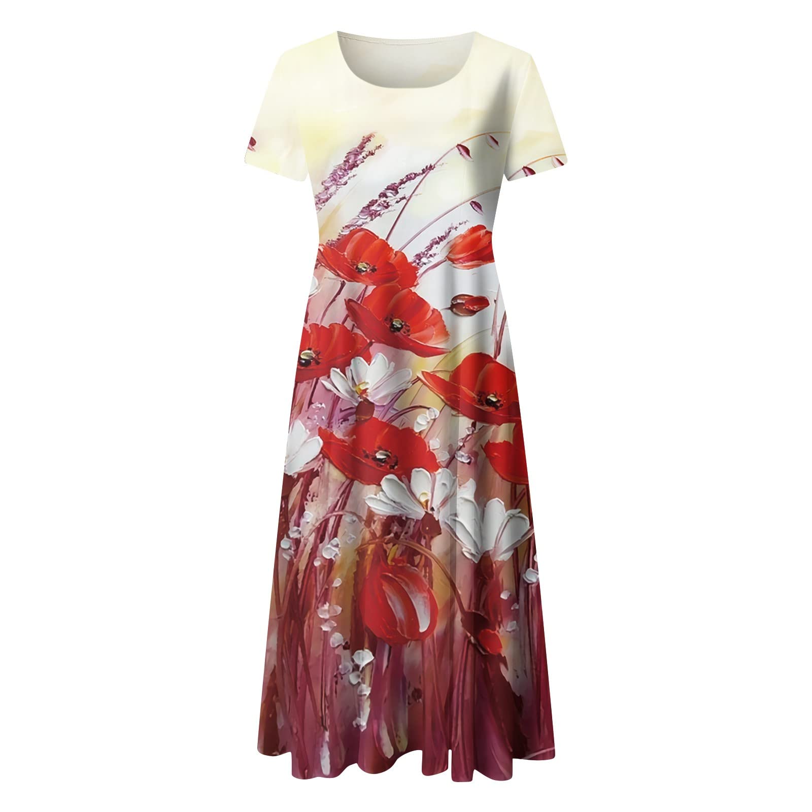 Boho Square Neck Floral Print A-Line Midi Sundress - Women's Short Sleeve Loose Spring Dress for Casual Wear | Beach Vacation, Garden Party, Summer Outfits