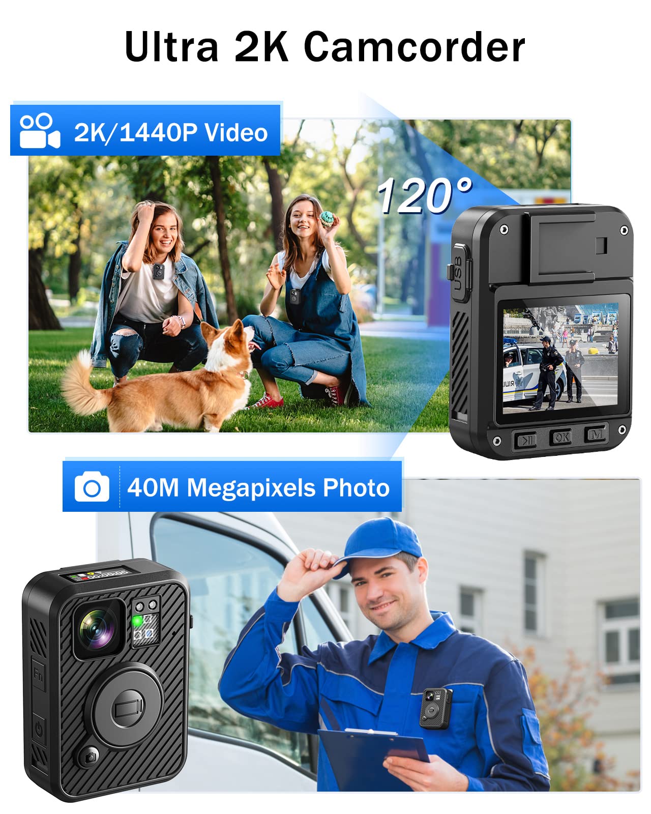 BOBLOV F2 Dual-Screen Body Camera 128GB with GPS, 2K HD Video Recording - Wearable Security Camera for Police, Security Guards & Delivery Personnel - Ideal for Law Enforcement, Night Patrols & Package Tracking
