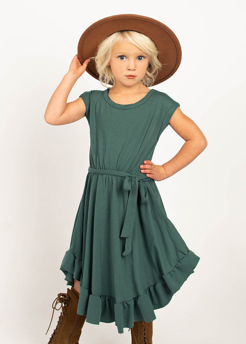 Amoura Deep Teal Dress for Women - Elegant Flowy Midi Dress with V-Neck & Ruffle Sleeves - Perfect for Weddings, Parties & Date Nights