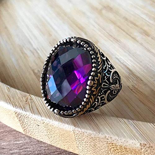 Handmade 925 Sterling Silver Men's Ring with Amethyst - Ottoman & Boho Style, February Birthstone Jewelry - Perfect Gift for Him, Wedding, Anniversary & Special Occasions