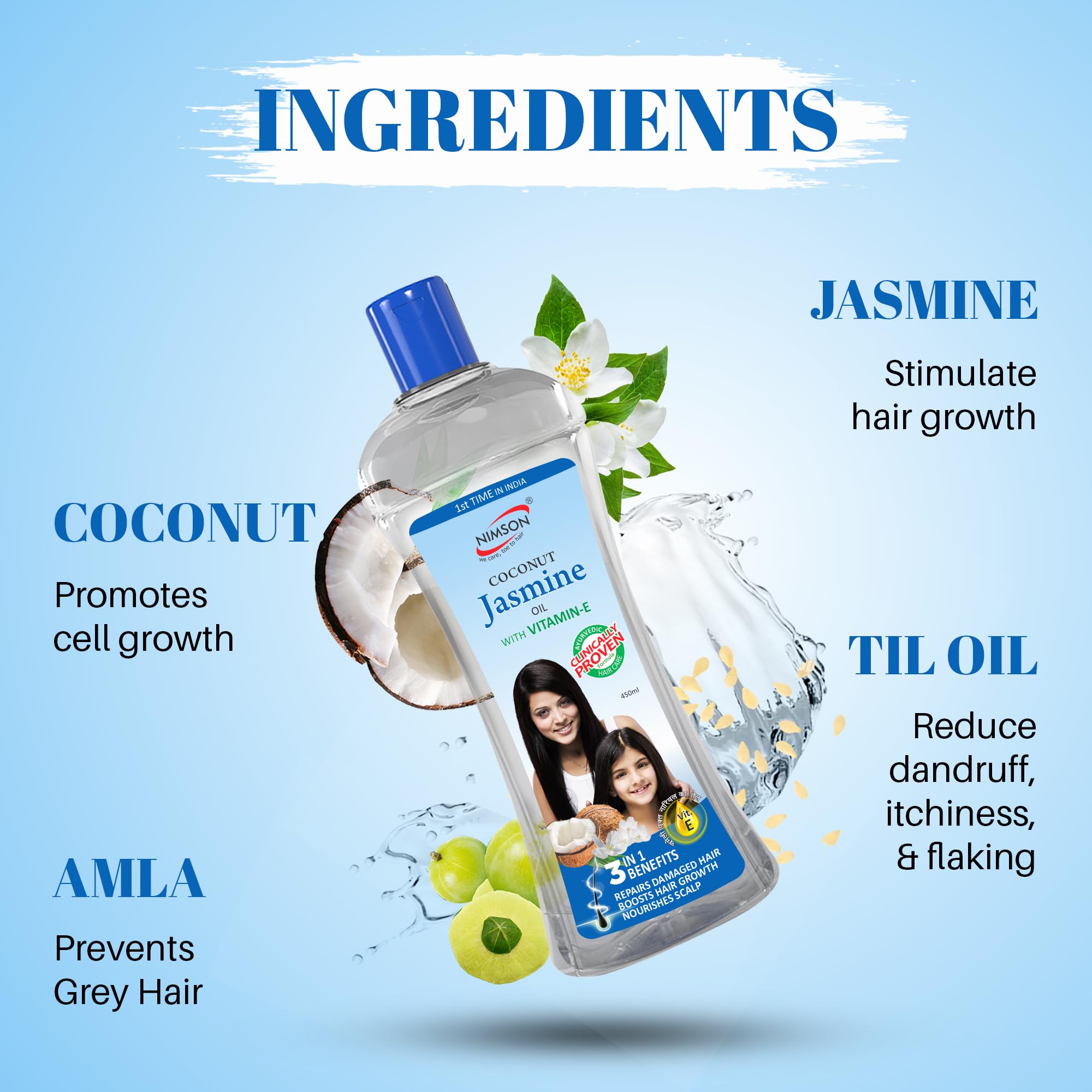 Nimson Coconut Jasmine Hair Oil with Vitamin E for Shiny, Long Hair Growth - 450ml | Natural Hair Treatment for Dry, Damaged Hair | Perfect for Daily Use & Scalp Massage