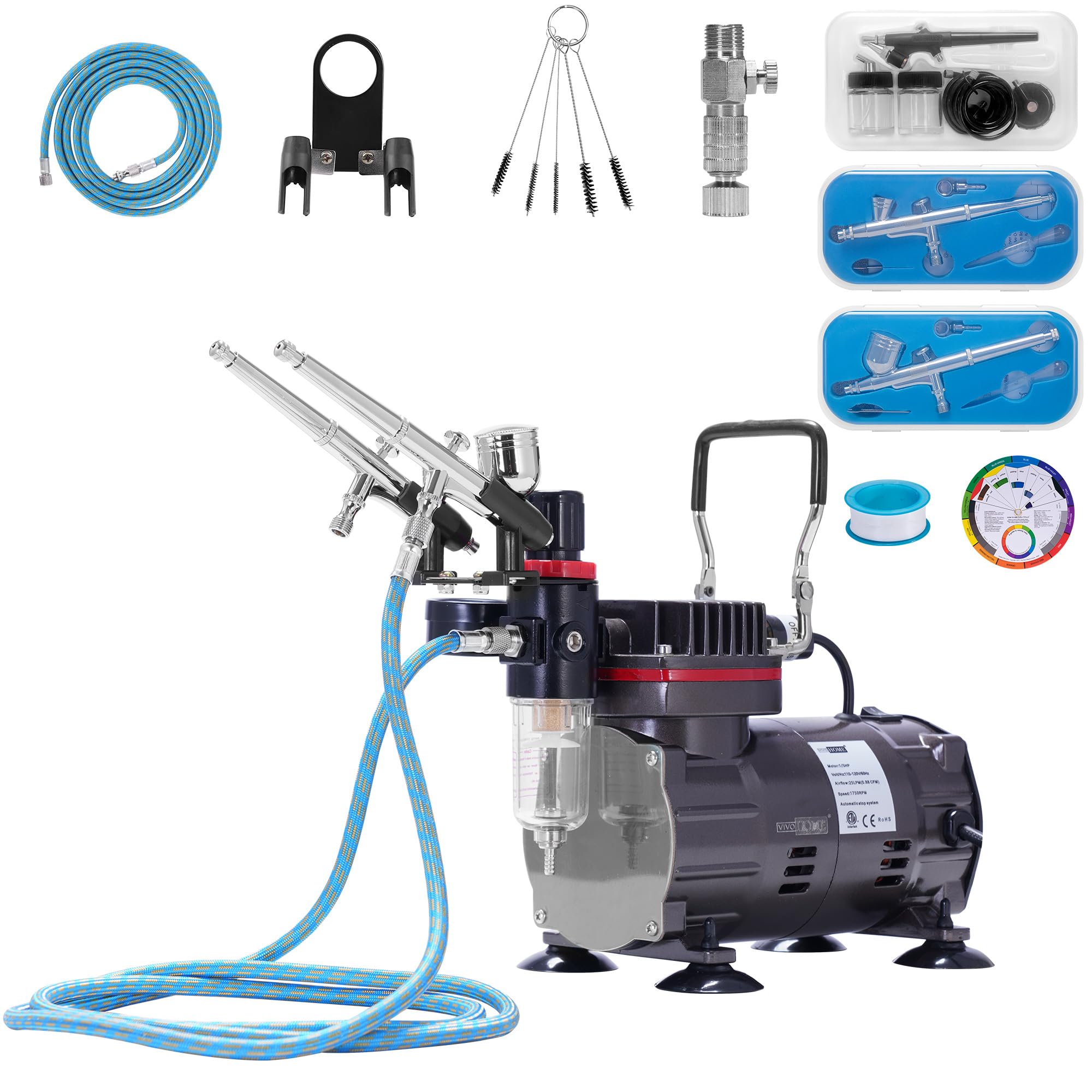 VIVOHOME Professional Airbrush Kit with 1/5 HP Quiet Air Compressor, 3 Dual-Action Airbrush Guns (Gravity & Siphon Feed) - Includes Holder, Color Wheel, Cleaning Brushes & 2 Cups - Perfect for Model Painting, Cake Decorating & DIY Art Projects