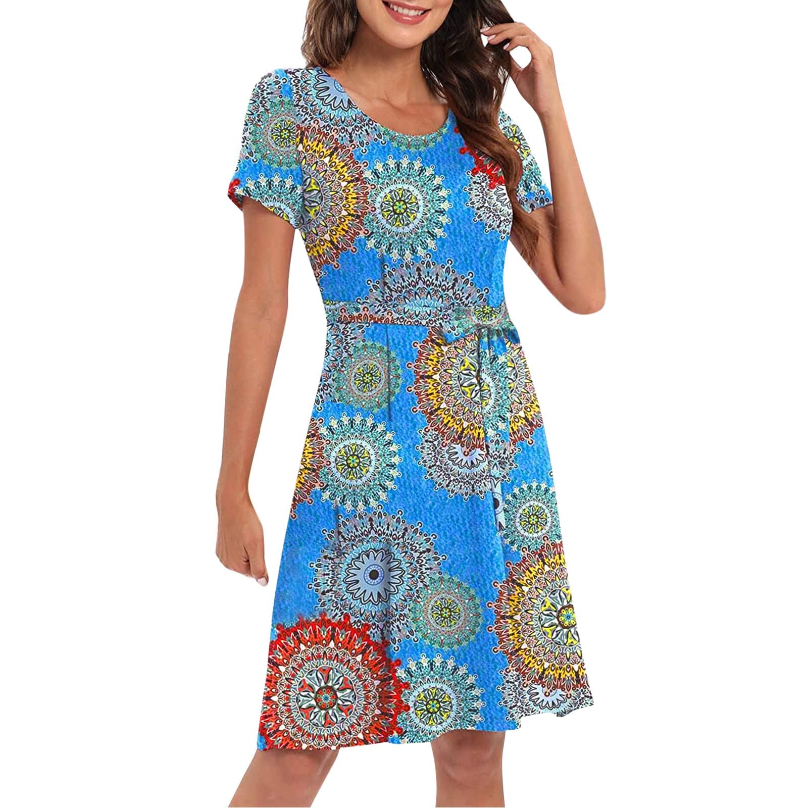 Women's Summer Dresses - Short Sleeve Casual Boho Print Mini Swing Dress with O-Neck | Perfect for Beach Vacation, Date Night & Summer Outfits