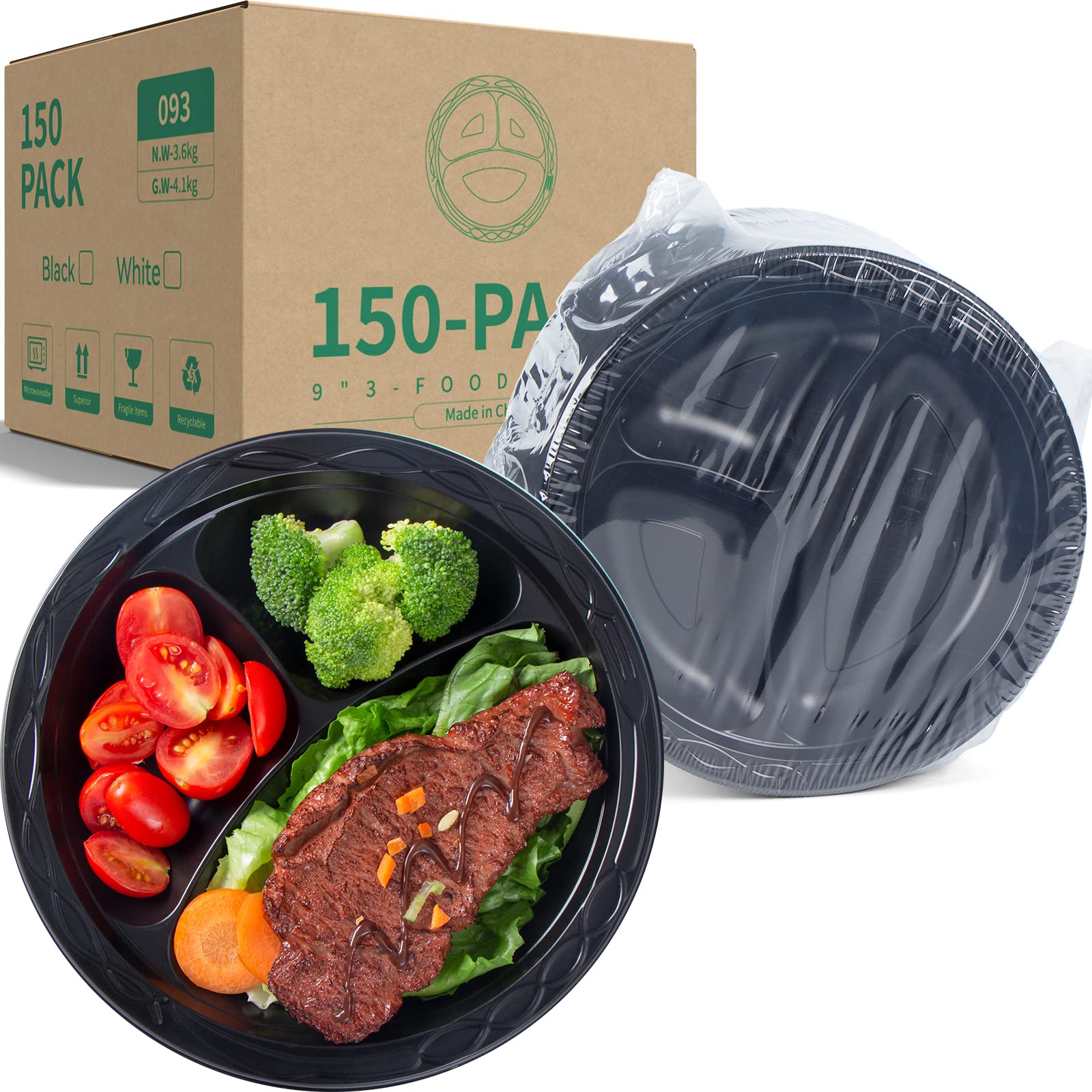 YANGRUI 9 Inch 3 Compartment Reusable Plastic Plates - 150 Pack BPA Free Food Grade Dinner Trays for School Cafeteria, Hospital Meals & Party Serving - Durable MFPP Black Disposable Trays