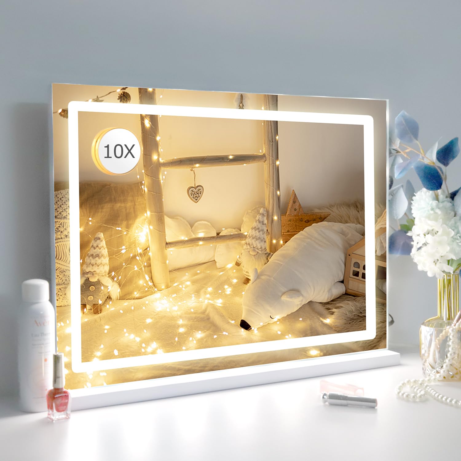 10X Magnification LED Makeup Mirror with Lights - 3 Color Lighting Modes, USB Charging, Adjustable Brightness - Perfect for Bedroom Vanity, Dressing Table or Bathroom (White, Tabletop/Wall-Mounted)