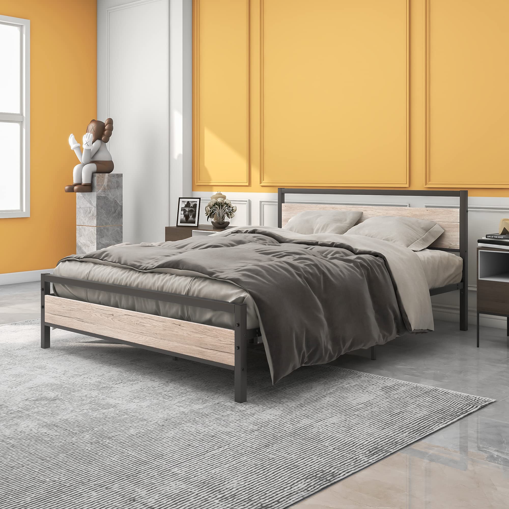 BOFENG Queen Bed Frame with Wood Headboard - Heavy Duty Platform Bed, No Box Spring Needed - Farmhouse Style Steel Slat Mattress Foundation with Sturdy Square Pipe Design - Perfect for Master Bedroom, Guest Room & Home Furniture