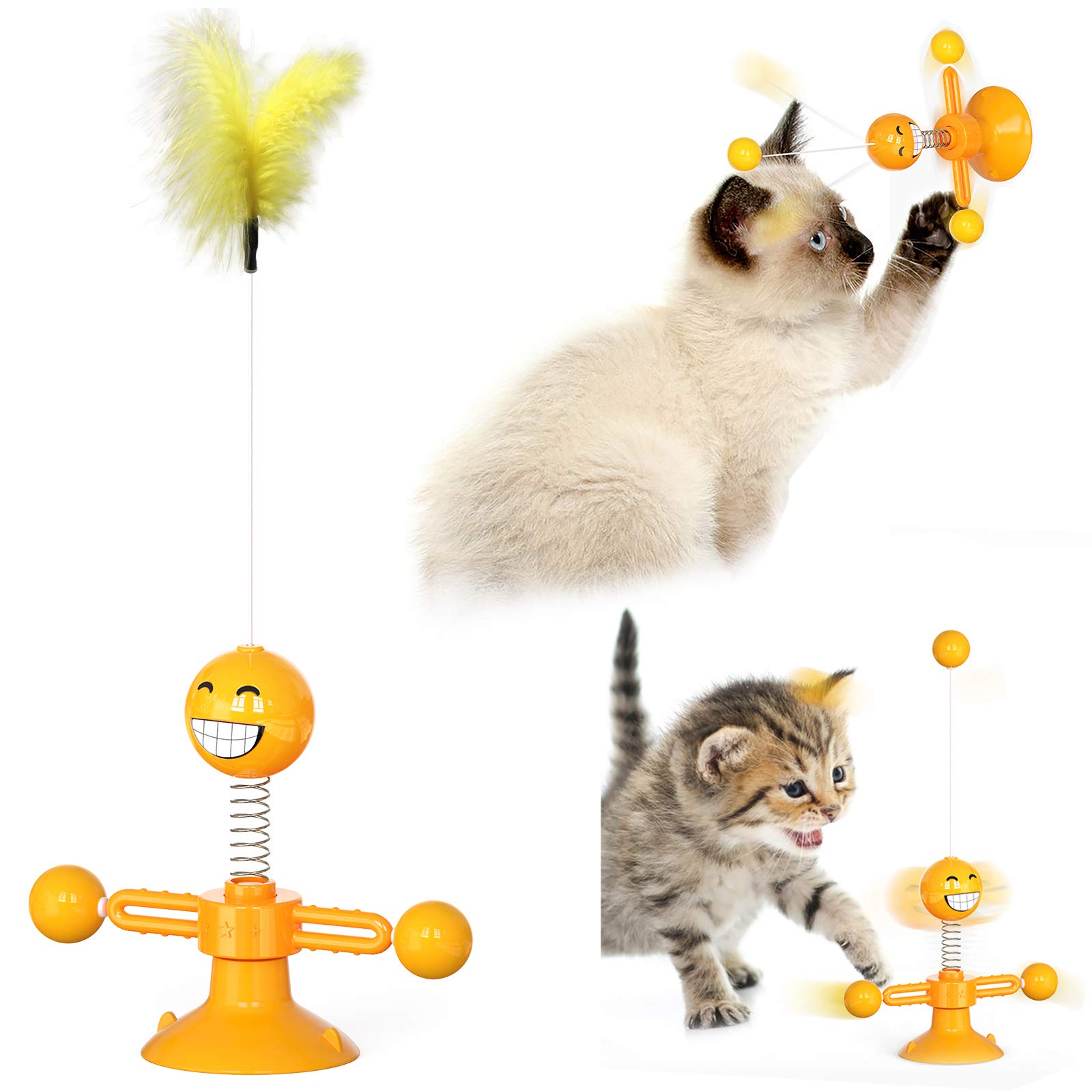 Interactive Cat Toys with Feathers, Light Balls & Turntable - Spring Doll Teaser Stick with Suction Cup for Playful Kittens - Fun Pet Toys for Indoor Exercise & Bonding Time