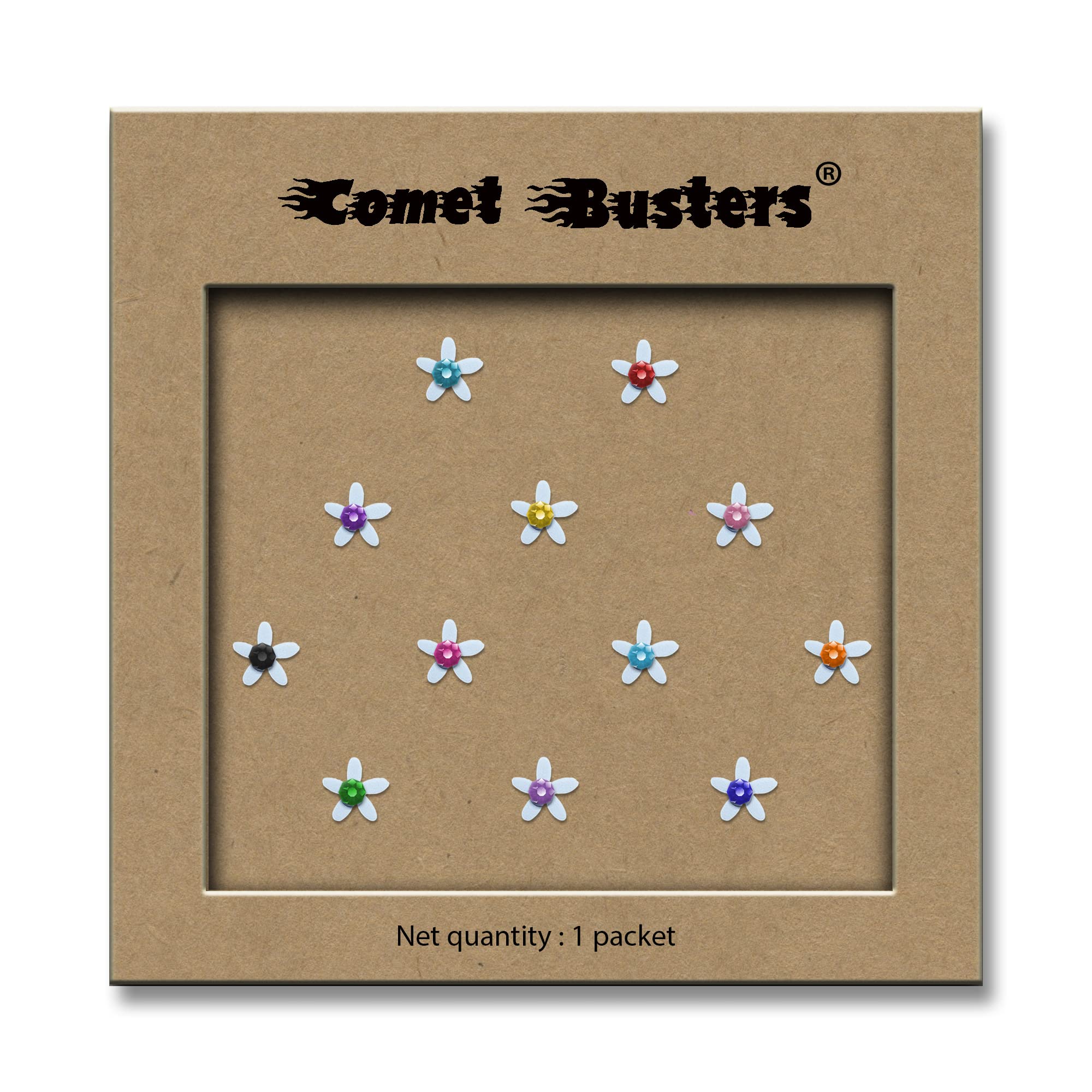 Comet Busters Cute White Floral Baby Bindis with Colorful Stones - 6mm Kids Face Stickers for Parties, Festivals & Costume Makeup (BB042)