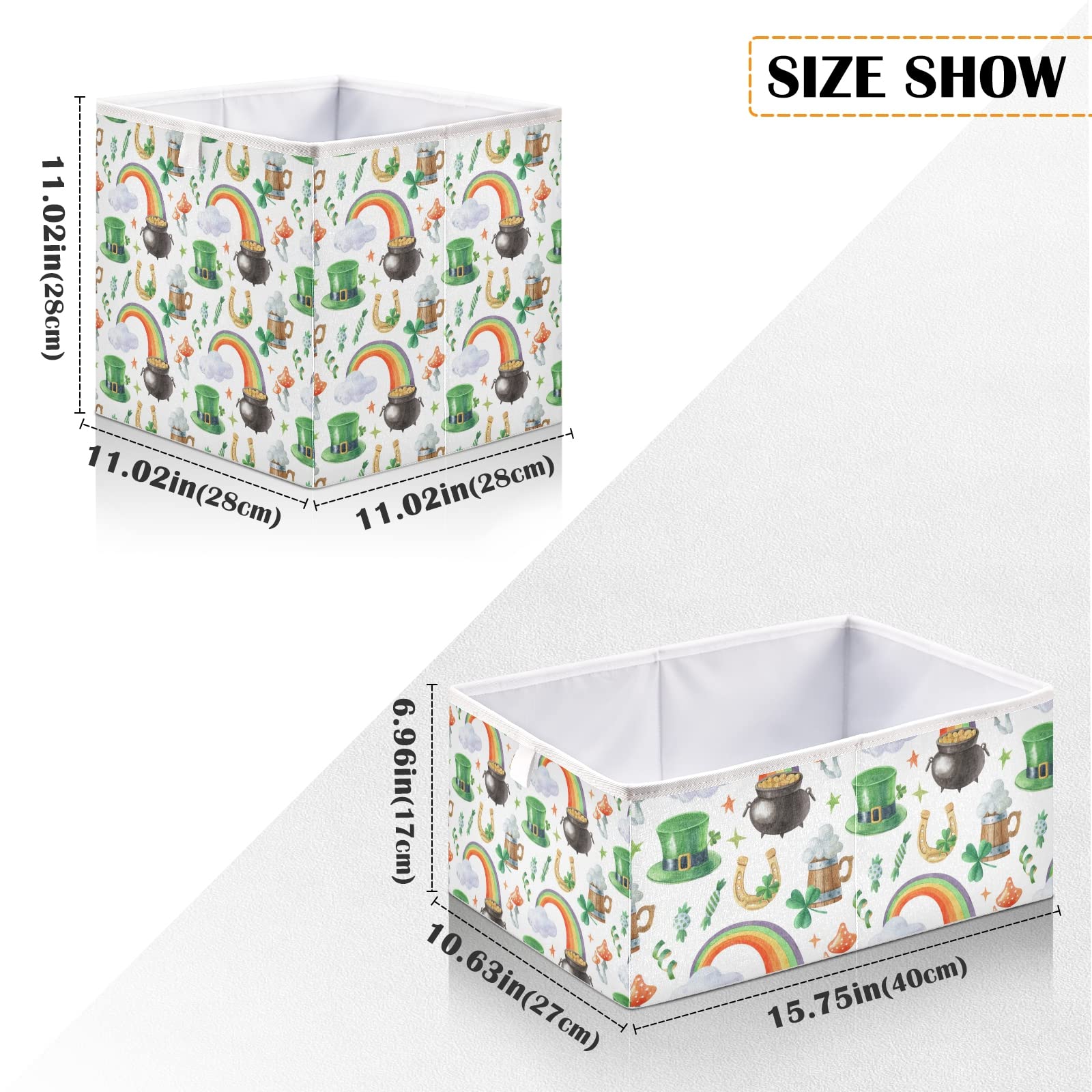 St. Patrick's Day Shamrock Leprechaun Hat Storage Basket - Collapsible Rectangular Bin with Pot of Gold & Rainbow Design | Foldable Nursery Organizer for Toys, Clothes | Easy to Assemble | Perfect for Holiday Decor, Kids' Room Storage & Party Supplies