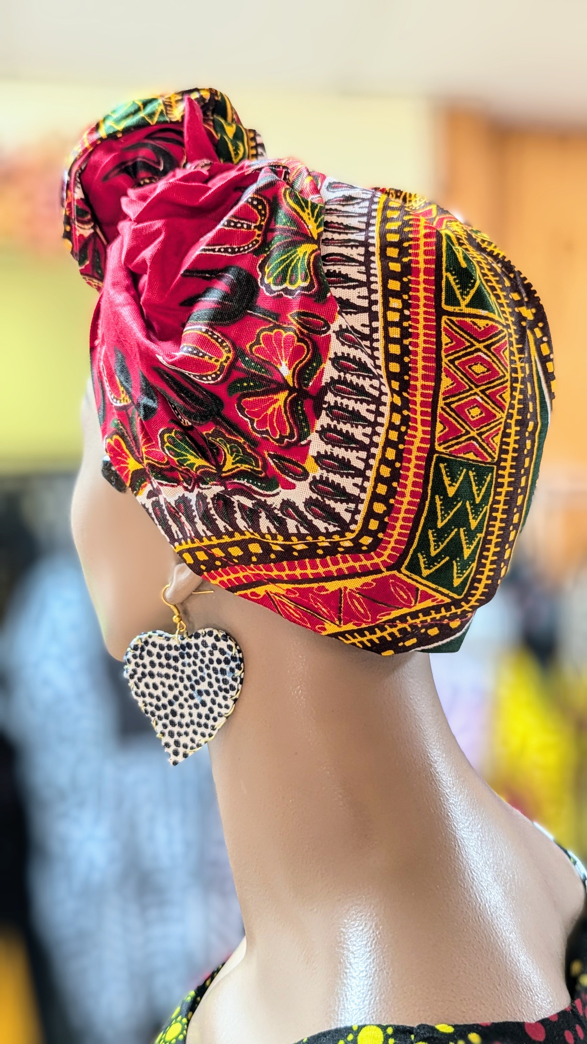 Dupsie's Zuriya Red Cotton Dashiki Print Pre-Tied Head Wrap Hat DP3975PT7 - African Style Headwear for Women, Perfect for Church, Weddings, and Cultural Events