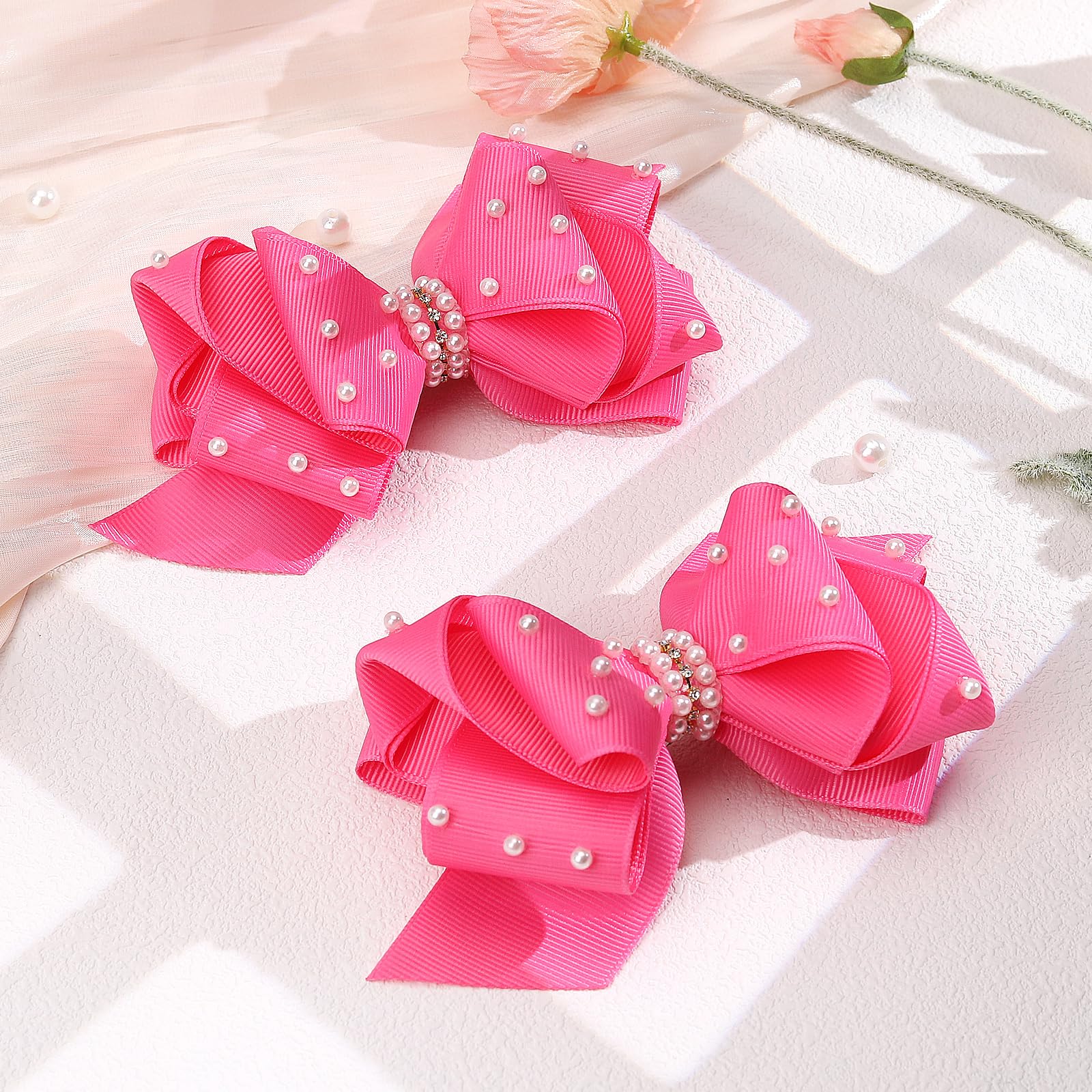 2Pcs Pearl Hair Bows for Girls - 4.5 Inch Grosgrain Ribbon Alligator Clip Hair Accessories for Toddlers, Kids & Baby - Perfect for Birthday Parties, Weddings & Special Occasions (Pink)