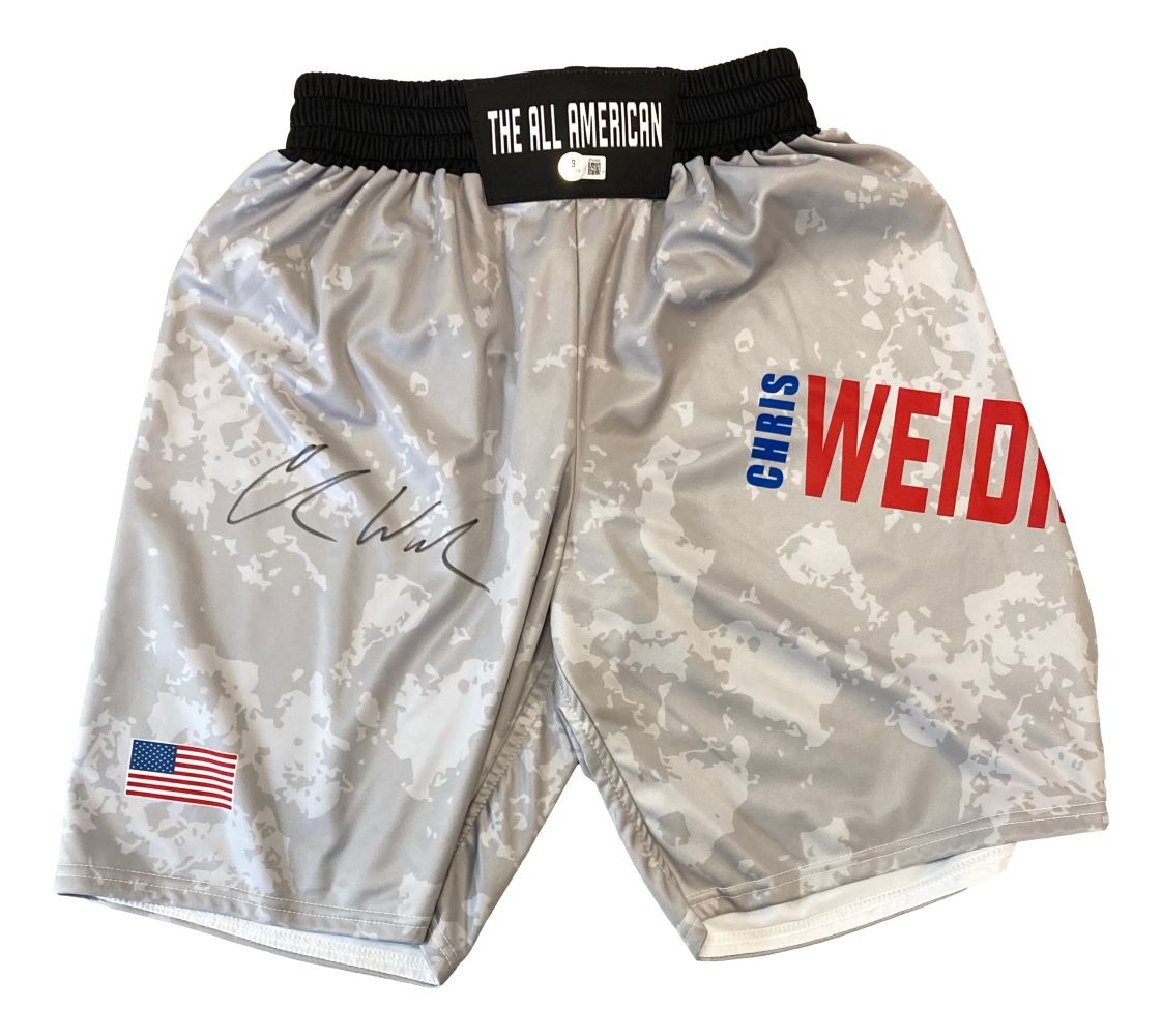 Chris Weidman Autographed Gray MMA Fight Shorts - Authentic Signed Collectible for UFC Fans, Fight Memorabilia - Perfect for Display, Gifts, and Sports Collections