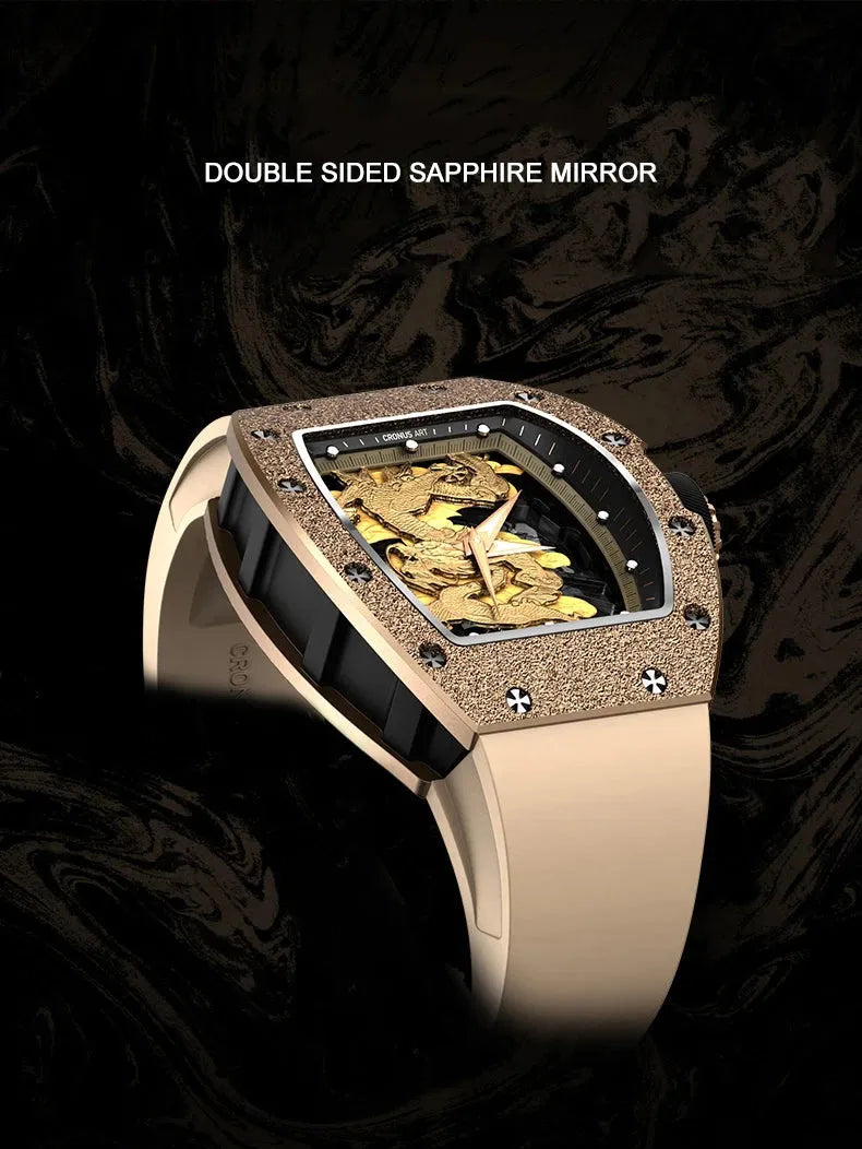 Luxury Men's Automatic Mechanical Watch - Tonneau Case, Gold Dragon Skeleton Dial, Luminous Hands, Fluororubber Strap | Perfect for Business, Formal Events & Gift Giving