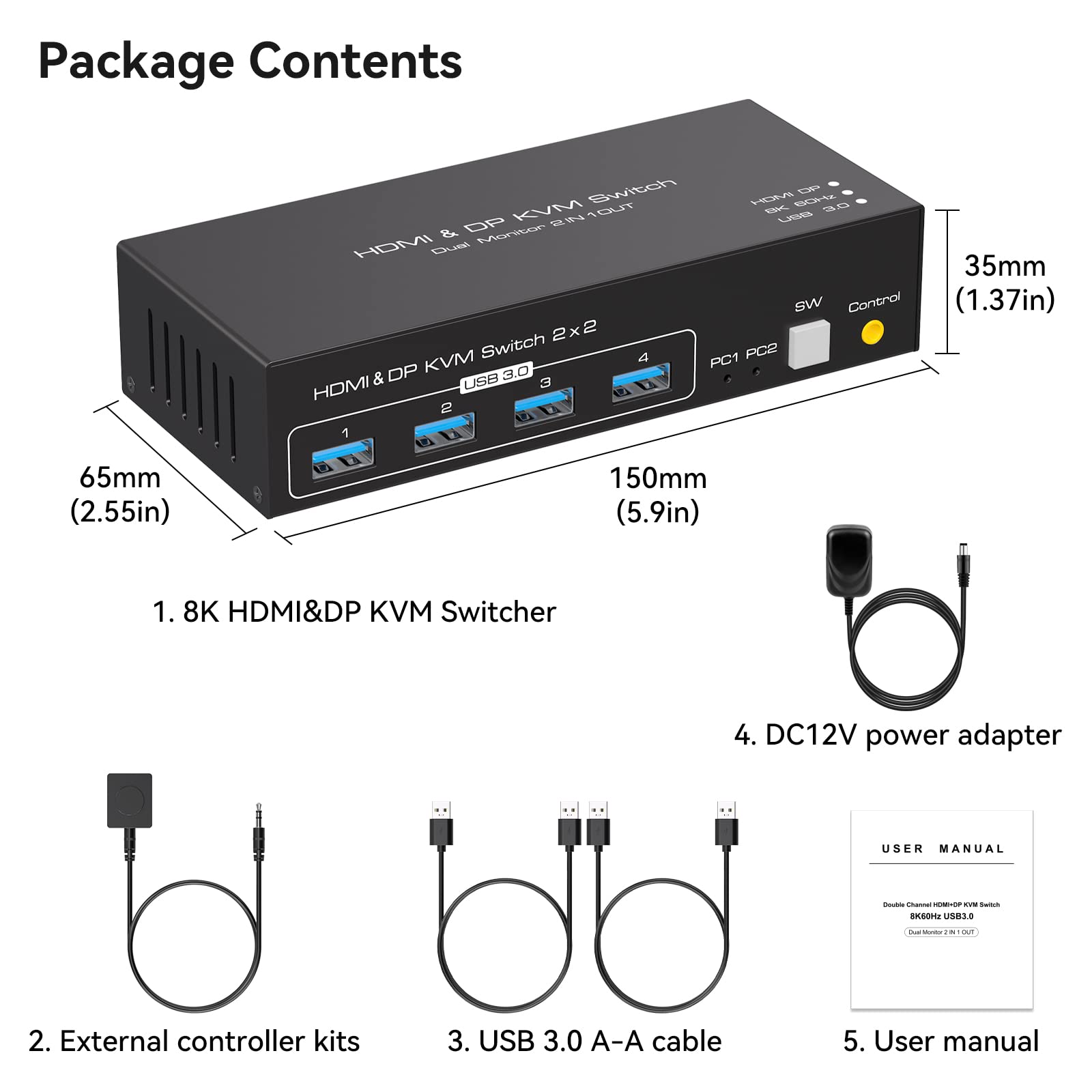 VPFET 4K120Hz HDMI DisplayPort KVM Switch for 2 PCs & 2 Monitors - 8K60Hz Dual Monitor KVM Switch with 4 USB 3.0 Ports, Supports Clone & Extend Mode - Perfect for Gaming, Office Work & Multi-Tasking