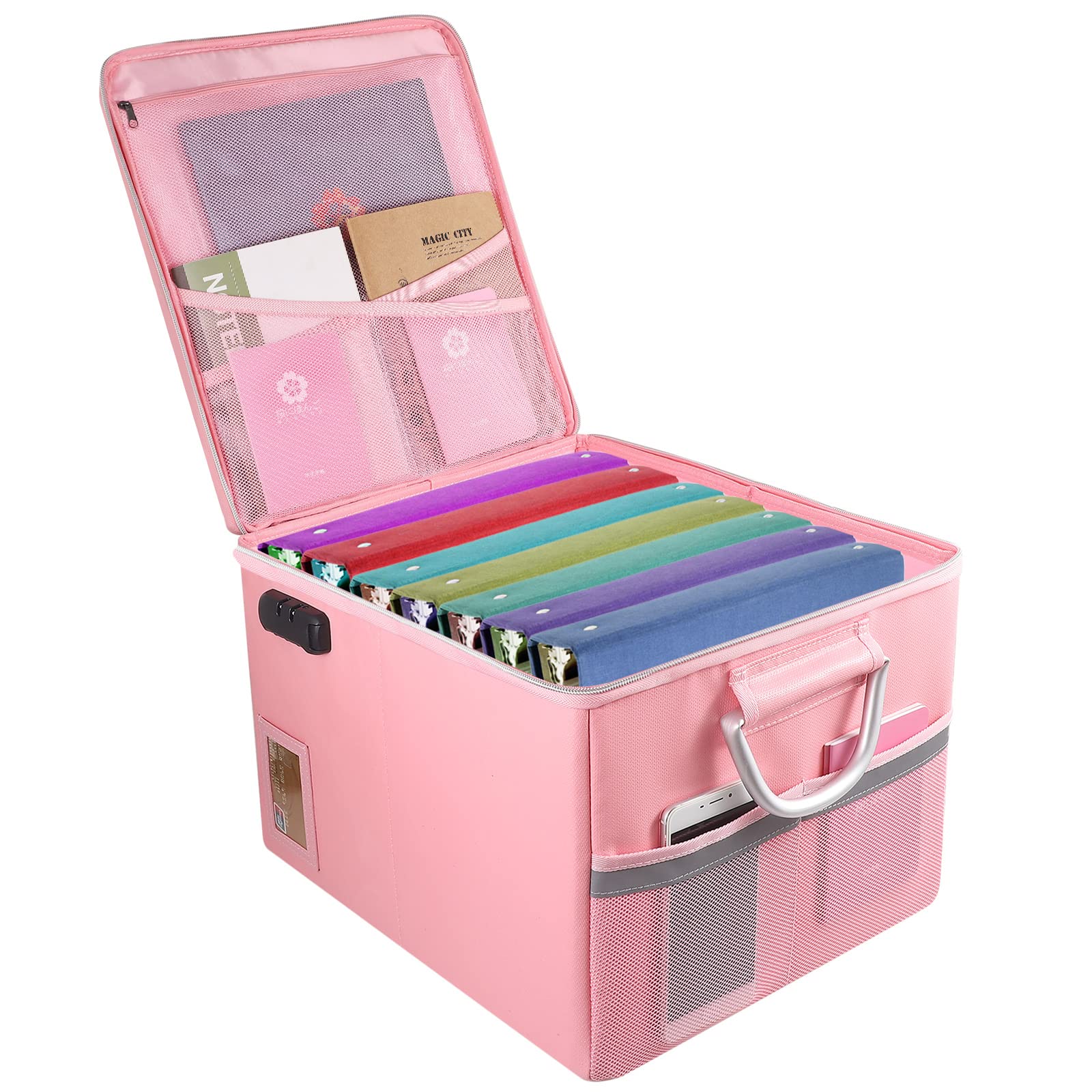 Fireproof Document Box with Lock - Portable File Organizer & Office Safe for Hanging Letter/Legal Folders (16.1 x 12.9 x 11 Inches, Pink) - Ideal for Home, Office & Emergency Document Storage