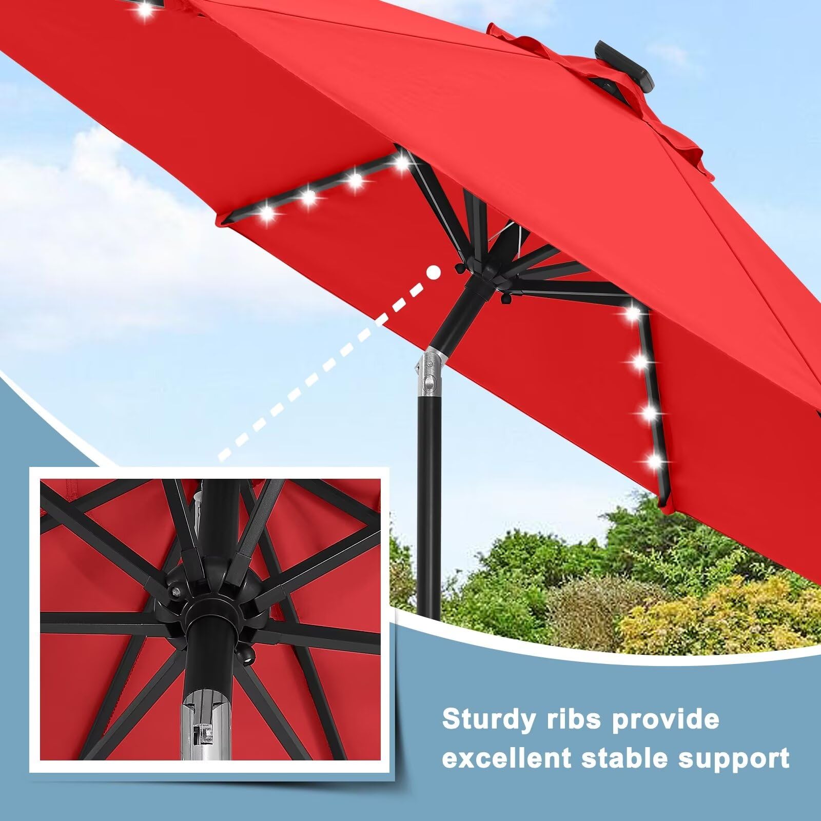Durable 7.5FT Solar LED Patio Umbrella with 32 LED Lights - Red | Waterproof Outdoor Canopy for Garden, Poolside & Backyard | Perfect for BBQs, Parties & Relaxing
