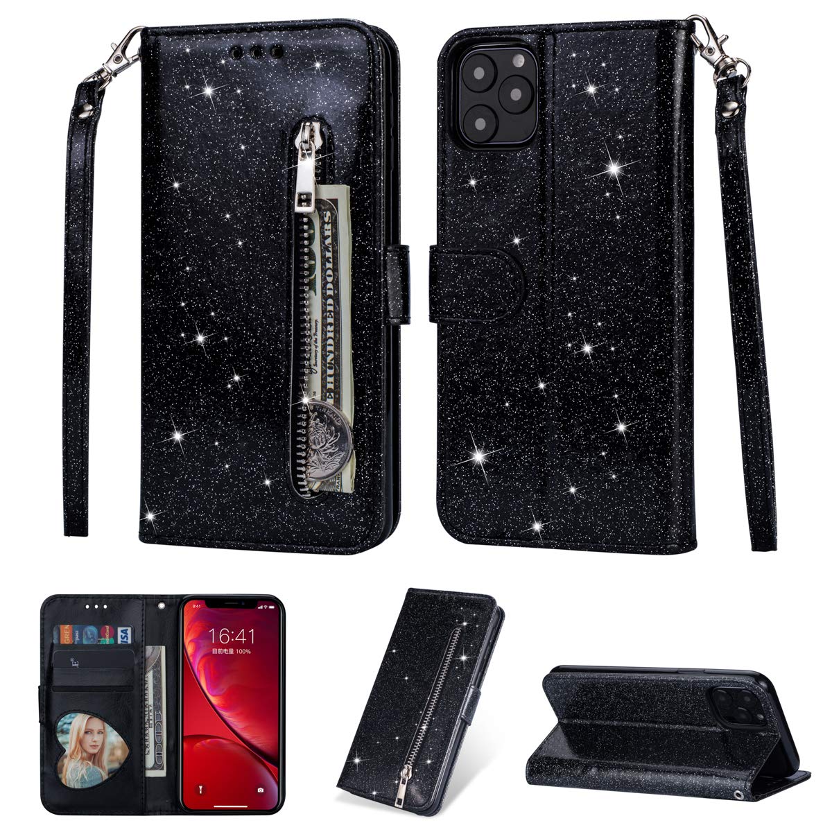 FOLICE iPhone 11 Pro Max Wallet Case - Bling Glitter Leather Phone Cover with Card Holder, Cash Pocket & Hand Strap | Magnetic Flip Stand & Zipper Closure | Perfect for Women's Fashion & Everyday Protection (Black)