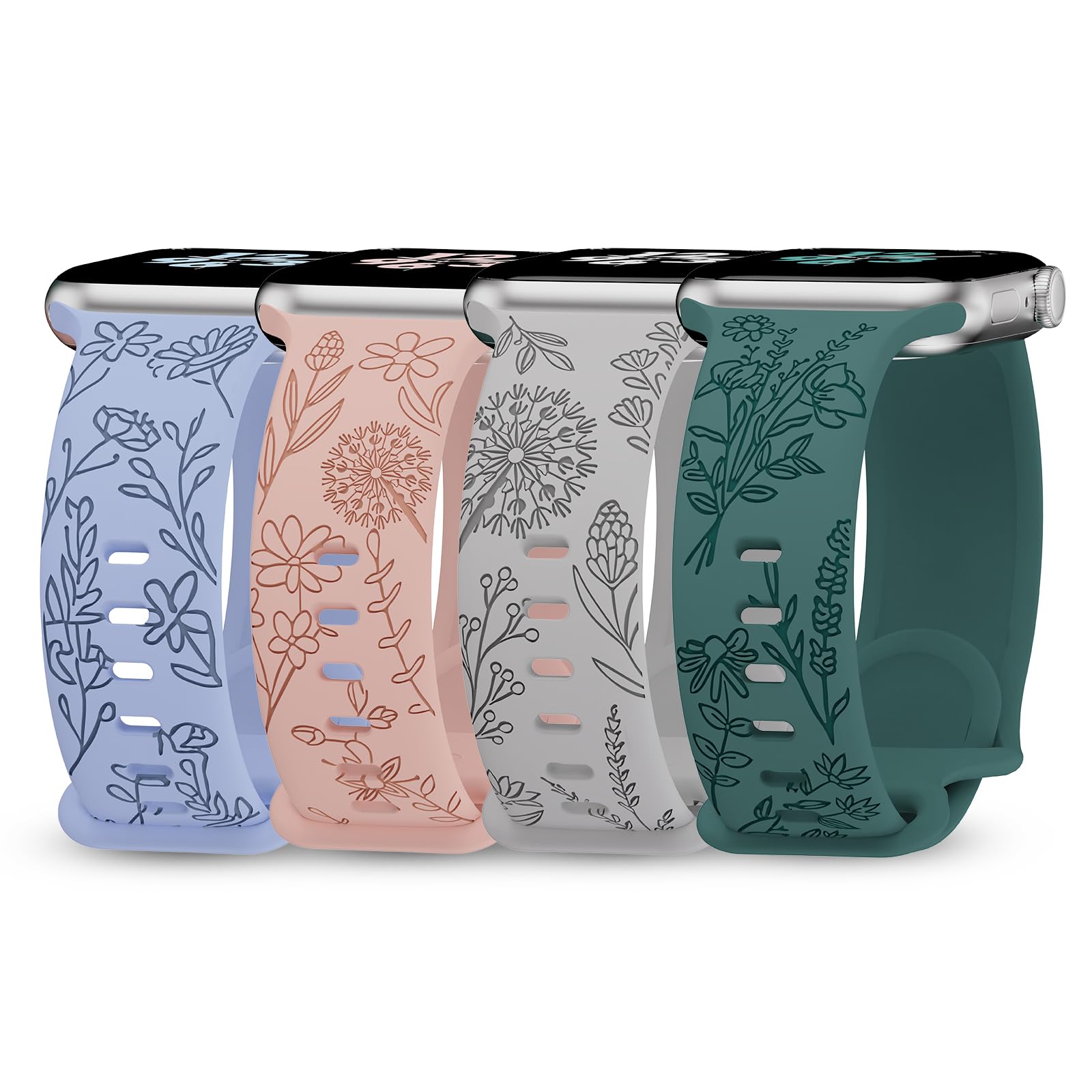 4 Pack Floral Engraved Apple Watch Bands - Compatible with 38mm/40mm/41mm/42mm/44mm/45mm/49mm - Stylish & Durable Replacement Straps for Women - Perfect for Workouts, Office Wear & Everyday Fashion Accessories