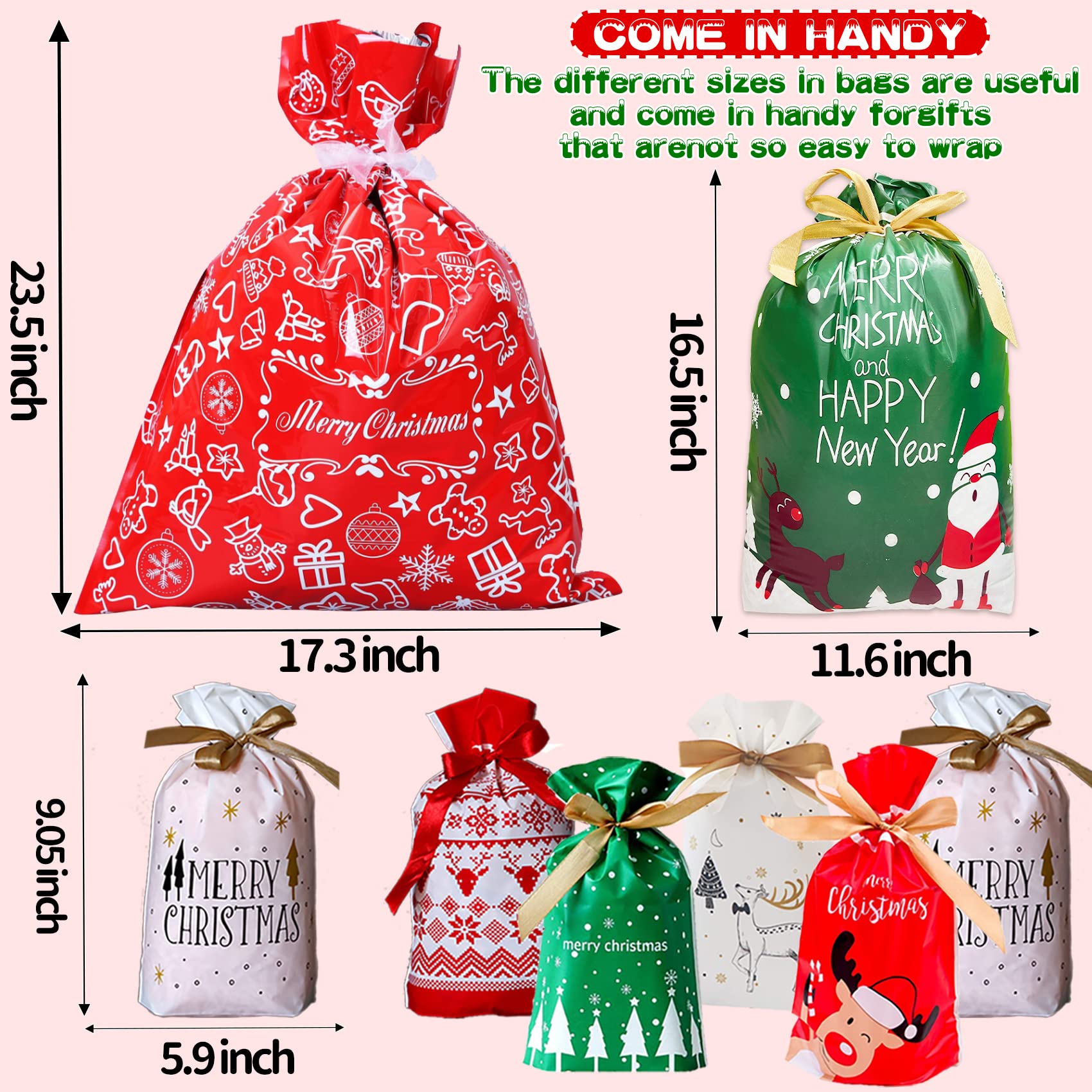 Funnlot Christmas Drawstring Gift Bags - 32 PCS in 7 Styles with Ribbon Ties for Candy, Treats, Party Favors | Perfect for Holiday Gifting, Stocking Stuffers & Christmas Party Decorations