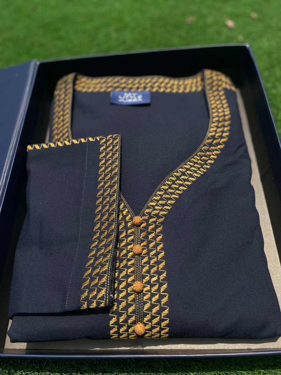 Men's Navy Blue Thobe with Mustard Embroidery - 3/4 Sleeve Traditional Islamic Robe for Prayer, Eid & Special Occasions