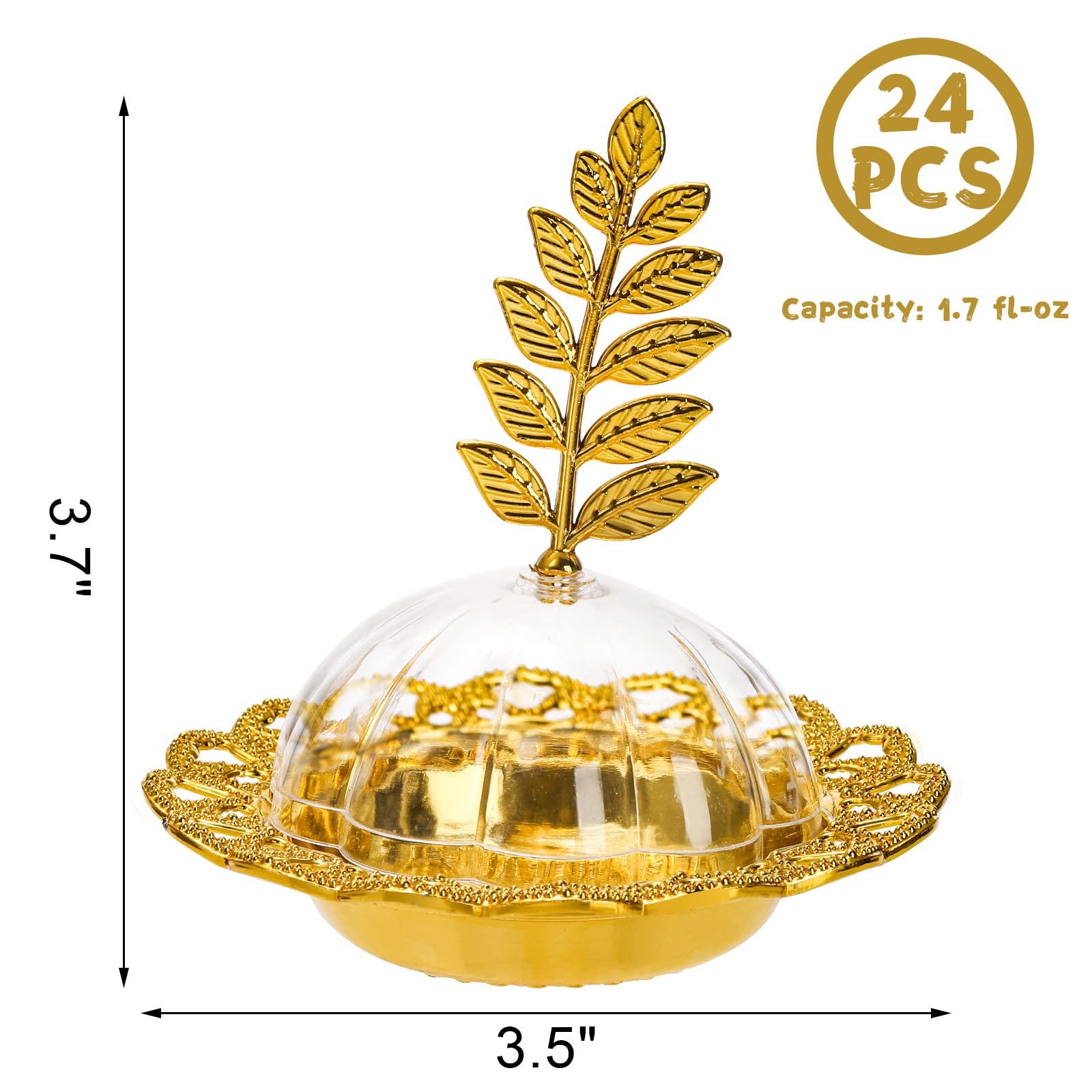 24 Pack Gold Decorative Plastic Candy Storage Containers with Leaf Dome - Fillable Party Favor Candy Boxes for Chocolates, Cake Desserts, Baby Showers & Birthday Parties - Perfect for Wedding Favors, Holiday Treats & Classroom Rewards