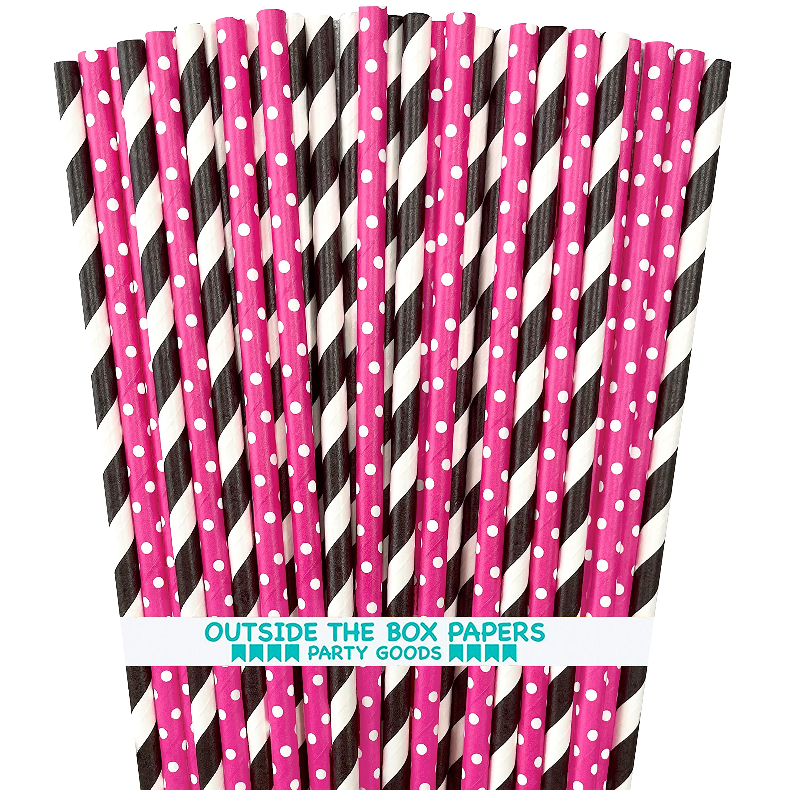 Diva Theme Stripe & Polka Dot Paper Straws 7.75 Inch - 100 Pack Hot Pink, Black & White - Perfect for Birthday Parties, Baby Showers & Wedding Decorations