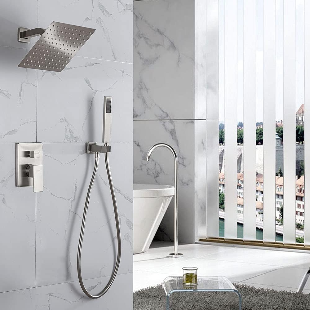 Luxury 10 Inch Rain Shower System with Handheld Shower Head - Wall Mounted Bathroom Faucet Set with Rough-in Valve & Trim Kit in Brushed Nickel - Perfect for Spa-Like Shower Experience in Master Bathrooms & Modern Home Renovations
