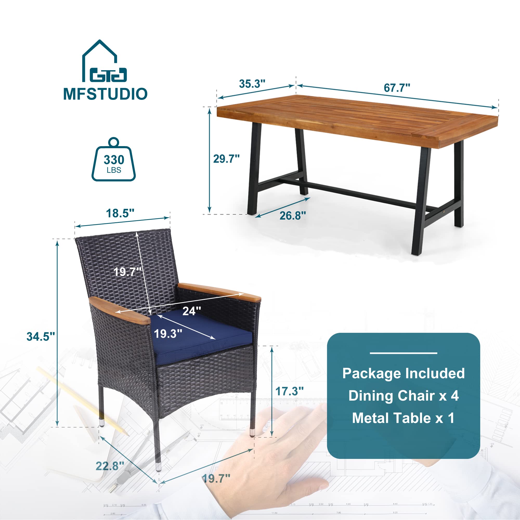 MFSTUDIO 7-Piece Outdoor Patio Dining Set for 6 - Acacia Wood Rectangular Table & Rattan Chairs - Brown Wicker Furniture for Backyard, Garden, Poolside or Terrace (Includes Solid Wood Table & 6 Cushioned Chairs) - Perfect for Outdoor Entertaining & Al Fresco Dining