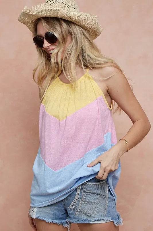 BiBi Triblend Knit Color Block Halter Neck Top - Women's Fashion Casual T-Shirt for Summer, Beach & Party Outfits