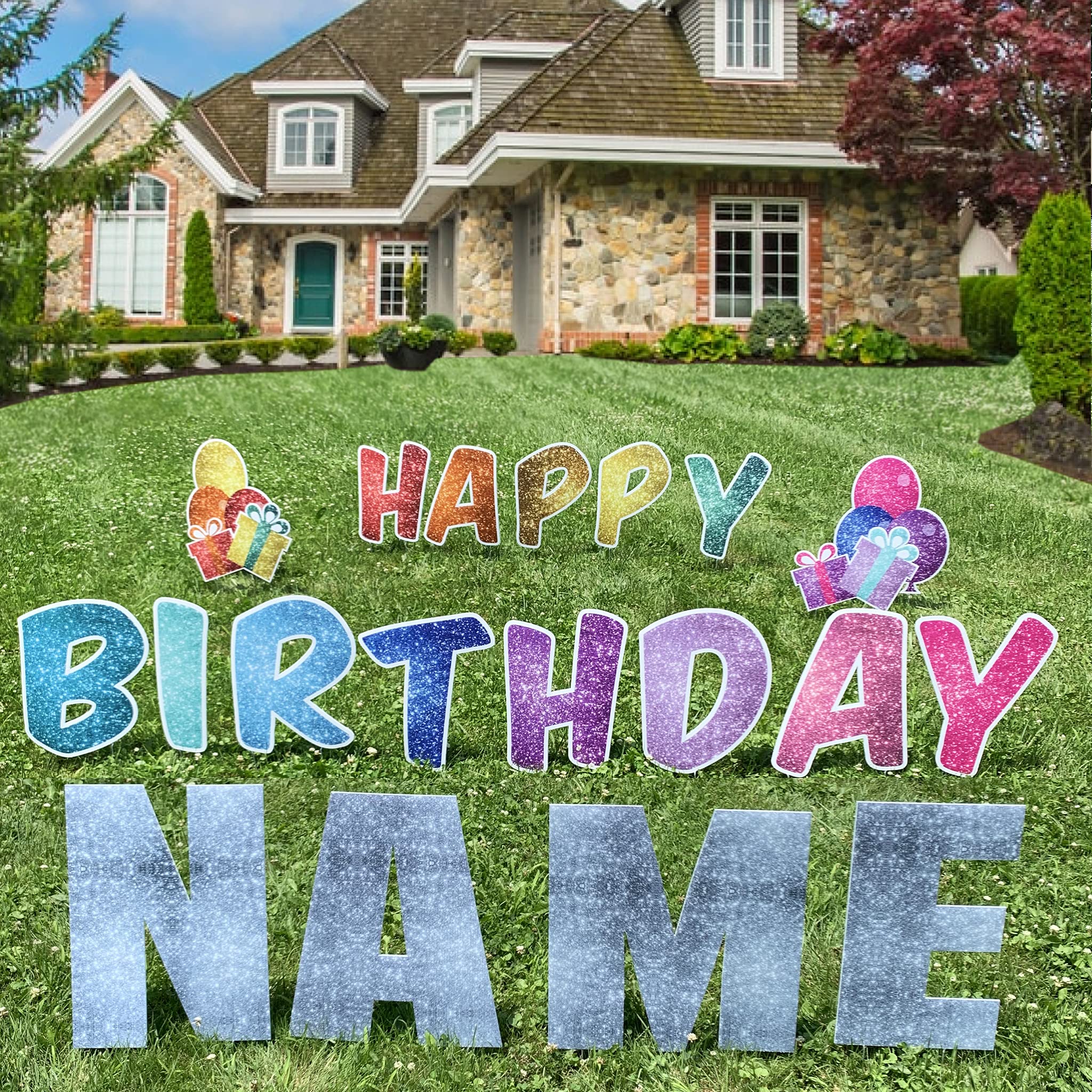 VictoryStore Rainbow Sparkle Happy Birthday Yard Decorations - 17pcs Outdoor Party Letters with Stakes (Custom Name Option) for Backyard Celebrations, Graduations & Special Events