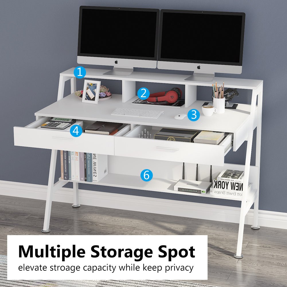 Modern White Computer Desk 47 Inch - Sturdy Writing Desk with Storage Shelf & Drawers for Home Office, Gaming & Study Workspace