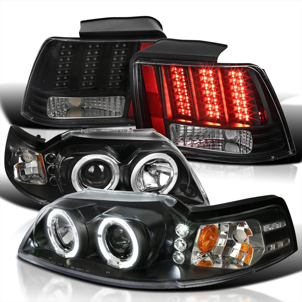 Spec-D Tuning Dual Halo Black Projector Headlights & Sequential LED Tail Lights for 1999-2004 Ford Mustang - Complete Left & Right Headlamp Assembly - Upgrade Your Ride with Stylish Lighting for Night Driving & Car Shows