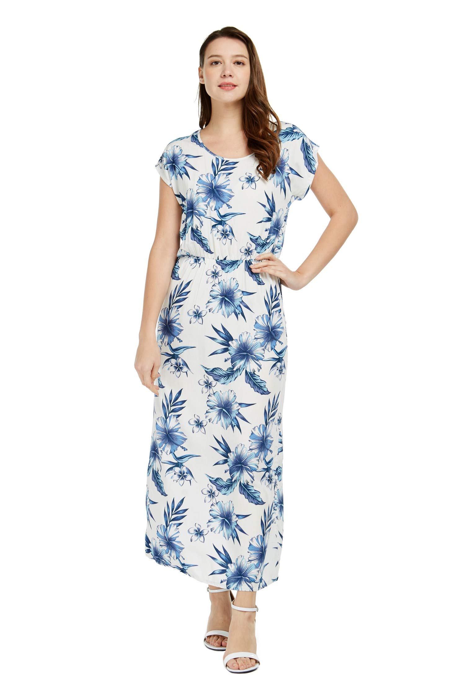 Women's Floral Hawaiian Luau Cap Sleeve Maxi Dress - Beach Party, Summer Vacation & Tropical Getaway Outfit