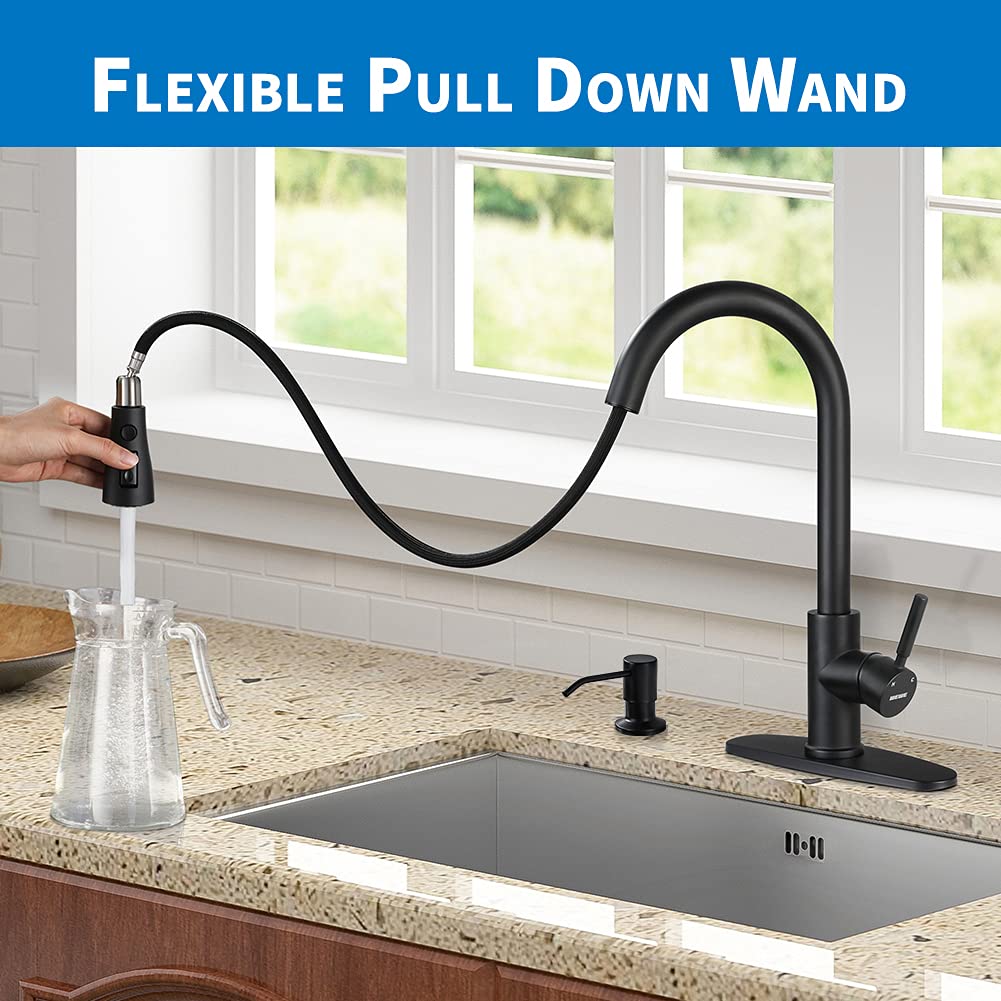 WEWE Commercial Stainless Steel Single Handle Black Kitchen Faucet with Pull Down Sprayer and Soap Dispenser for Modern Kitchen Sinks