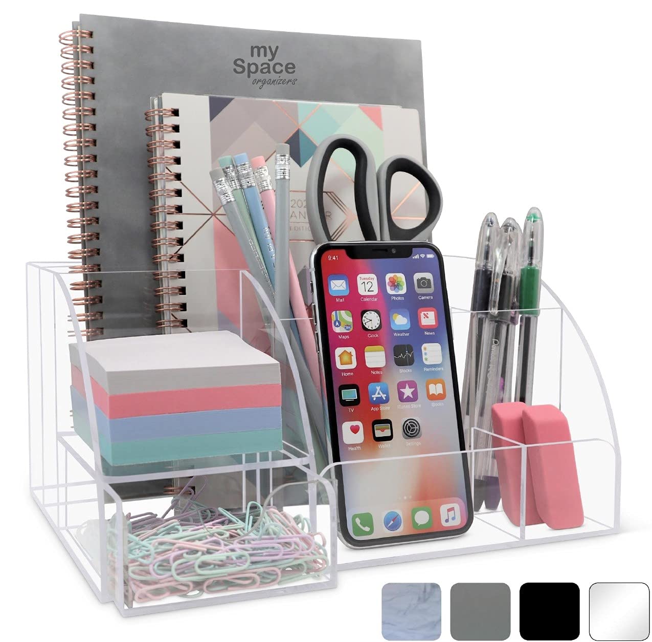 Clear Acrylic Desk Organizer with 9 Compartments - Office Supplies & Stationery Storage - Modern Home & Office Desktop Organizer for Pens, Paper Clips, Sticky Notes - Perfect for Work Desks, Study Tables & Home Office Decor
