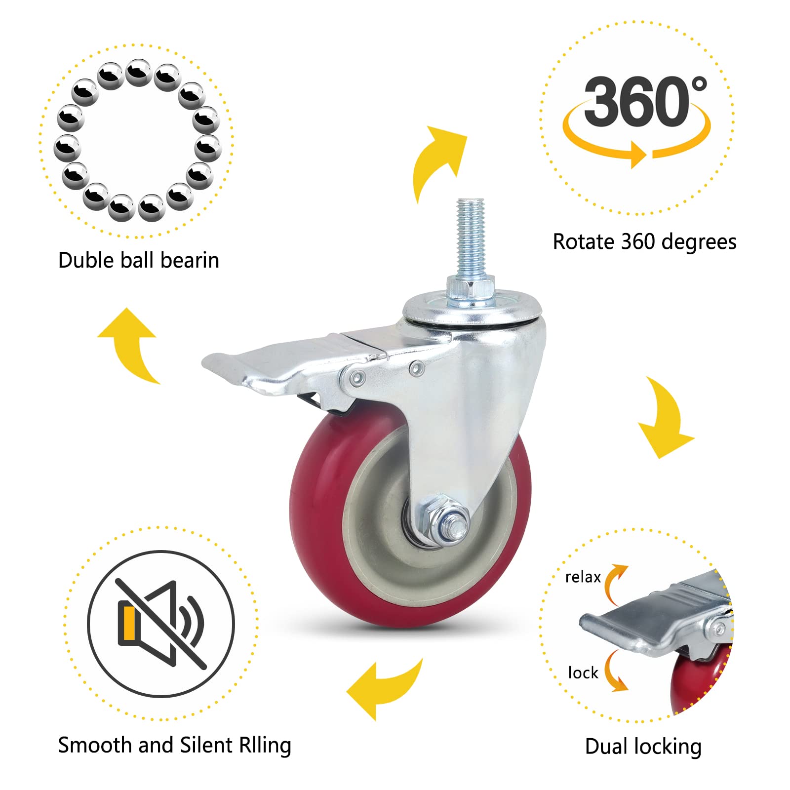 Heavy Duty Stem Casters with Brake - 4 Inch PU Swivel Wheels Set of 4, M12x30mm with Nut & Wrench - Quiet No Noise Rollers for Furniture, Workbenches, and Industrial Equipment